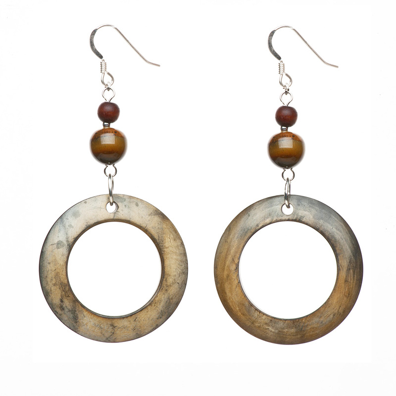 tiger eye earrings, brown earrings, elisha francis, wooden earrings, gemtone jewellery