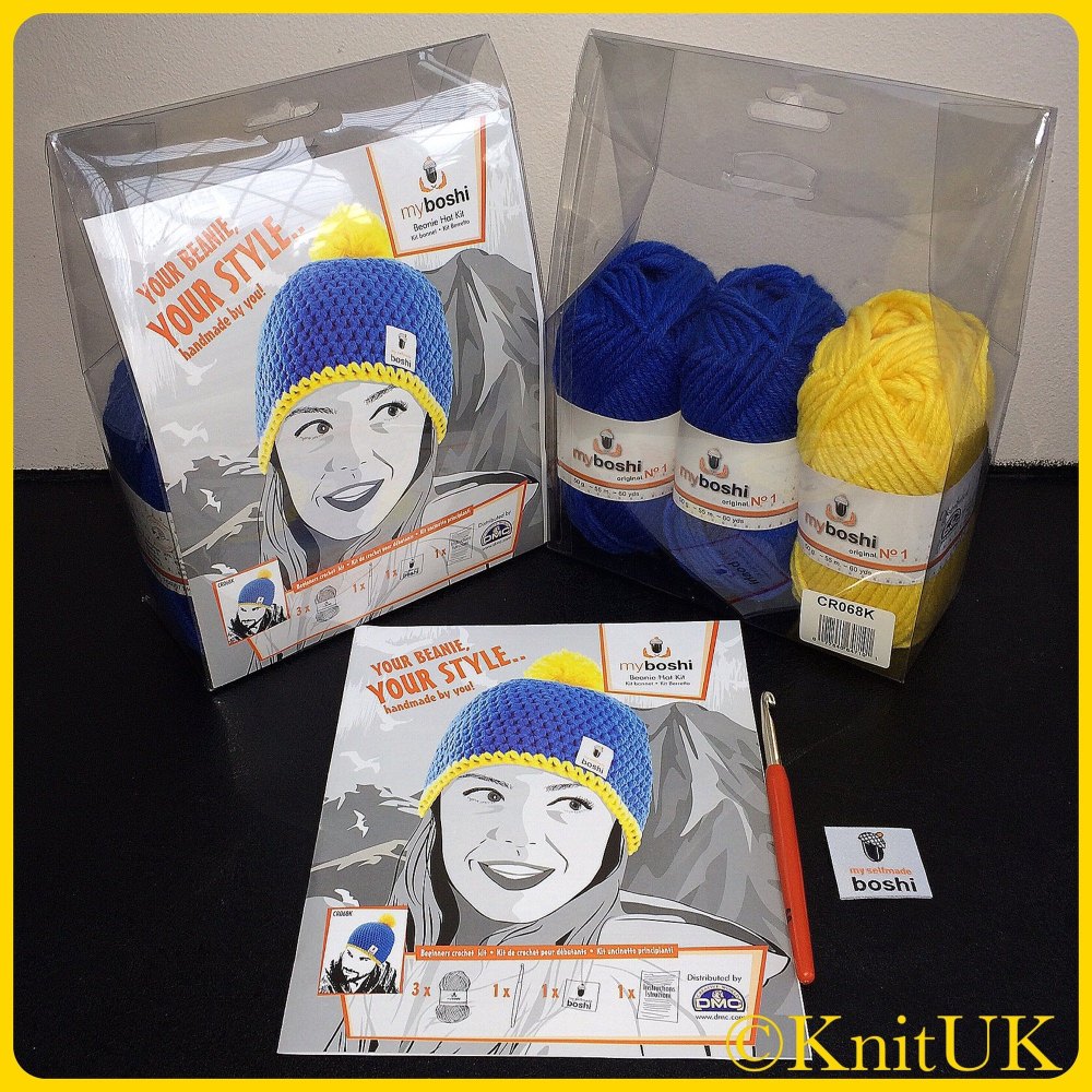 myboshi Beanie Hat Kit. Crochet: Beginner (ocean blue / yellow).