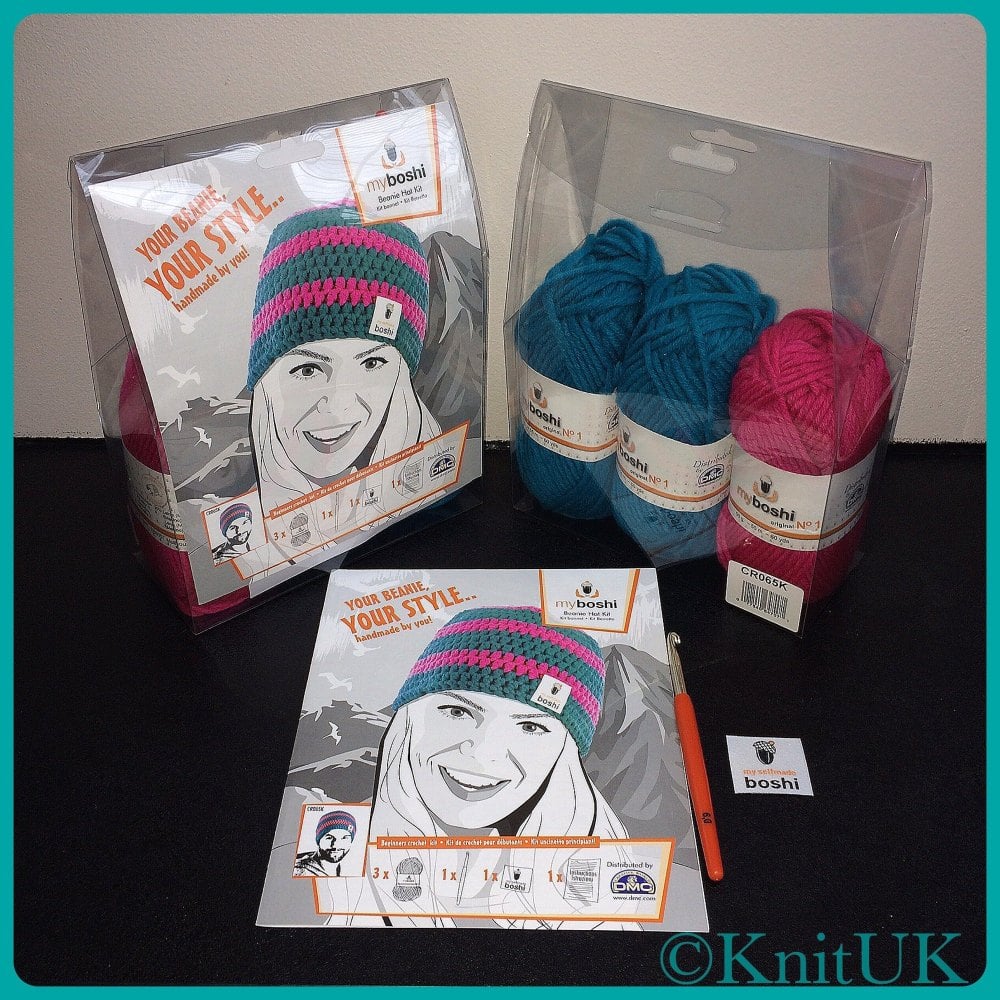 myboshi Beanie Hat Kit. Crochet: Beginner (turquoise / magenta).