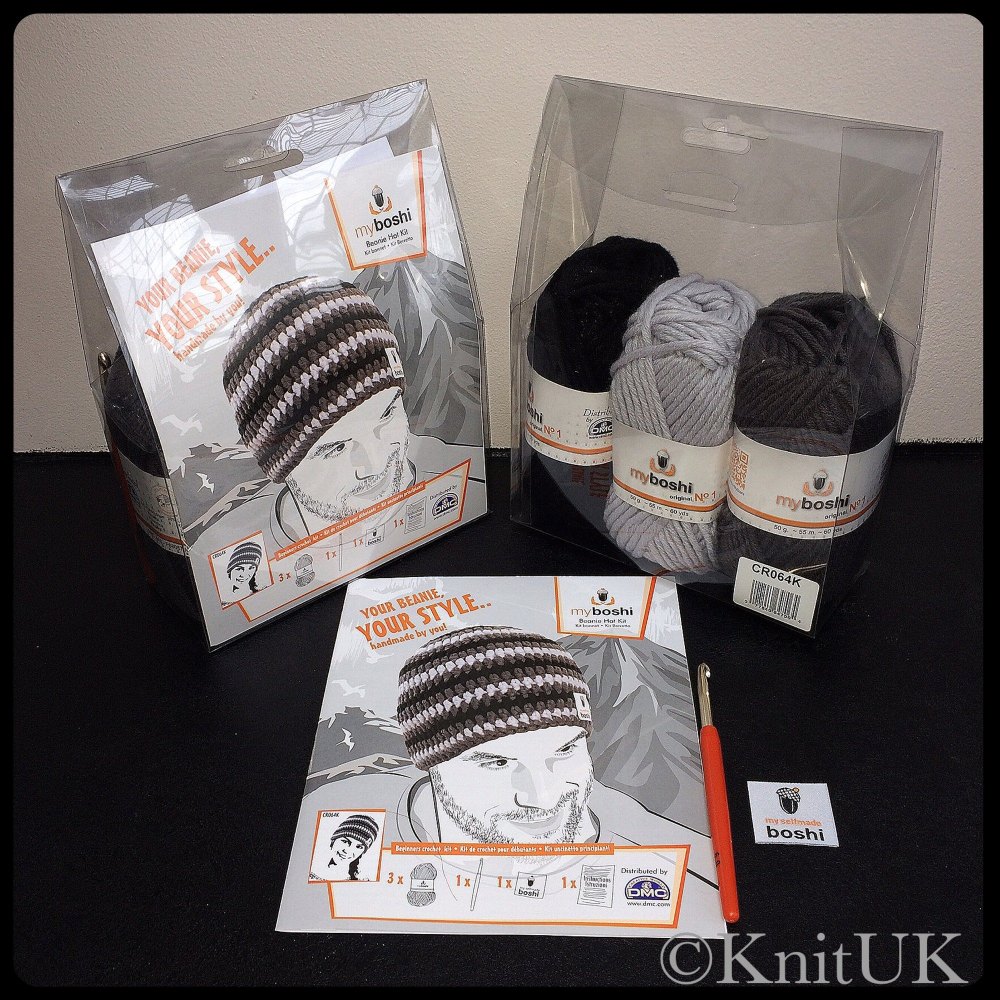 myboshi Beanie Hat Kit. Crochet: Beginner (silver / anthracite / black).