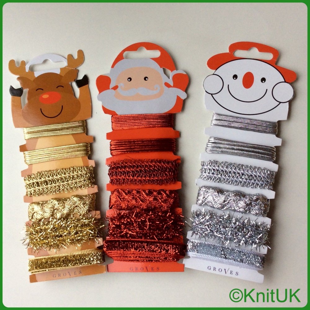 Xmas Character Ribbon & Trim Card (Groves). Snowman / Rudolph / Santa