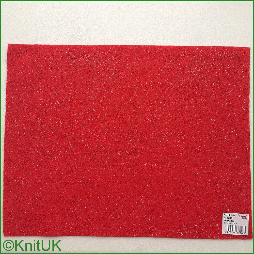 Acrylic Glitter Felt 23cm x 30cm. Red (The Craft Factory).