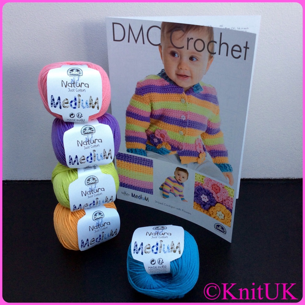 DMC Crochet - Striped Cardigan with Flowers. Leaflet (Natura Medium yarn)