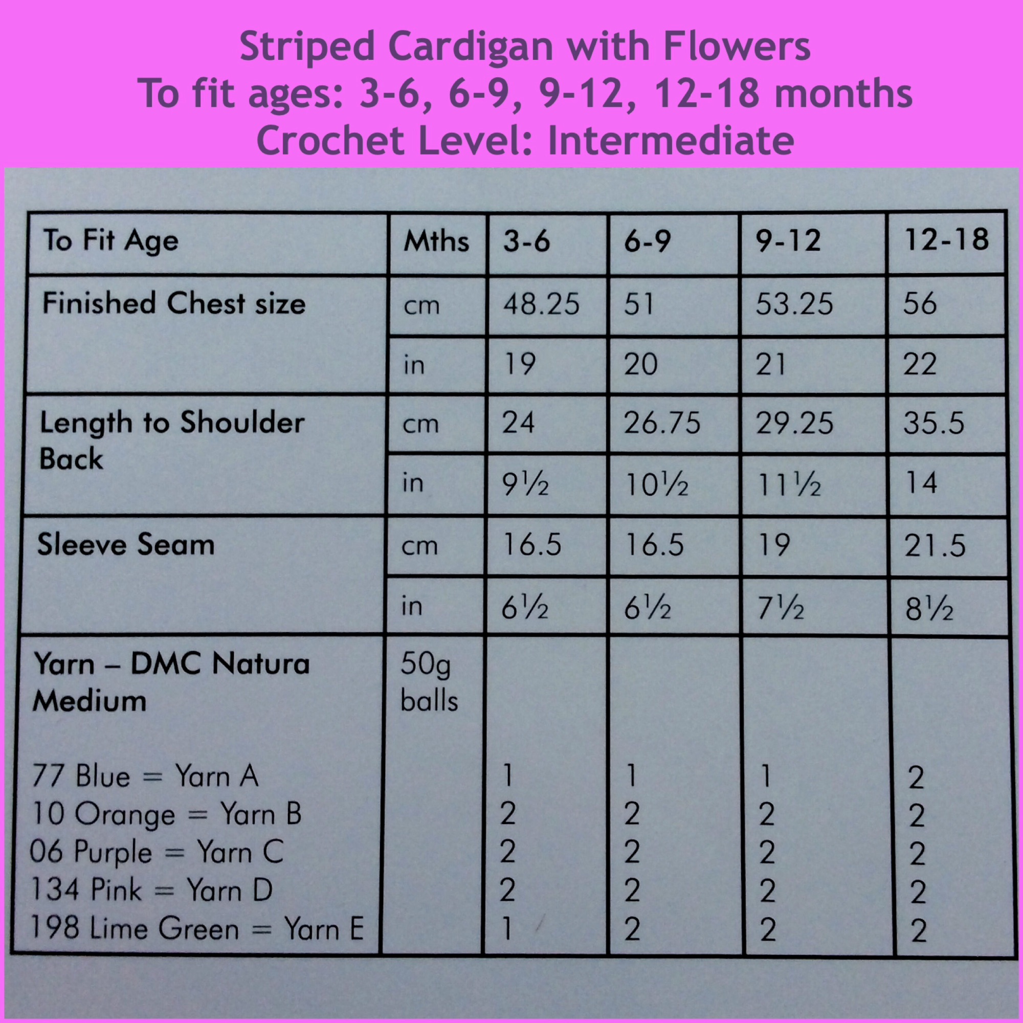 Striped cardigan with flowers fit ages chart