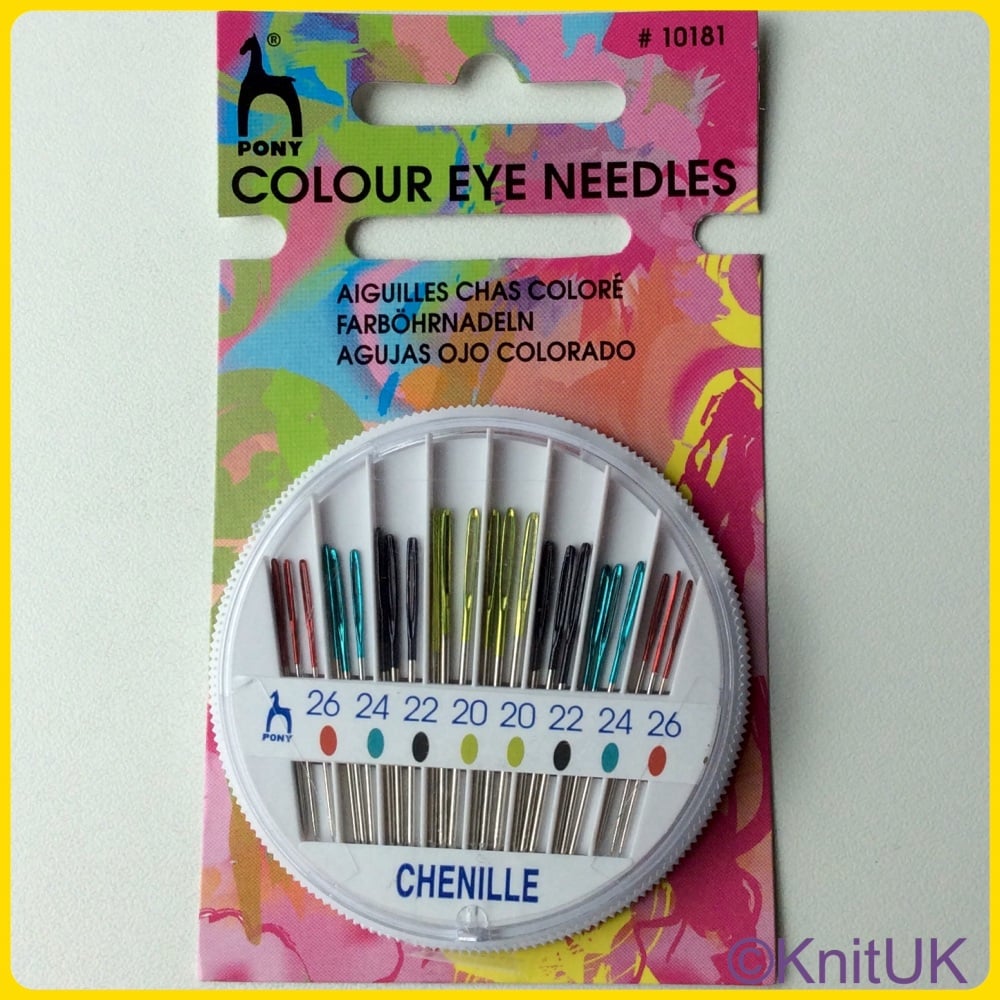Coloured Eye Hand Sewing Needles Compact - Chenille (Pony). 24 per Pack