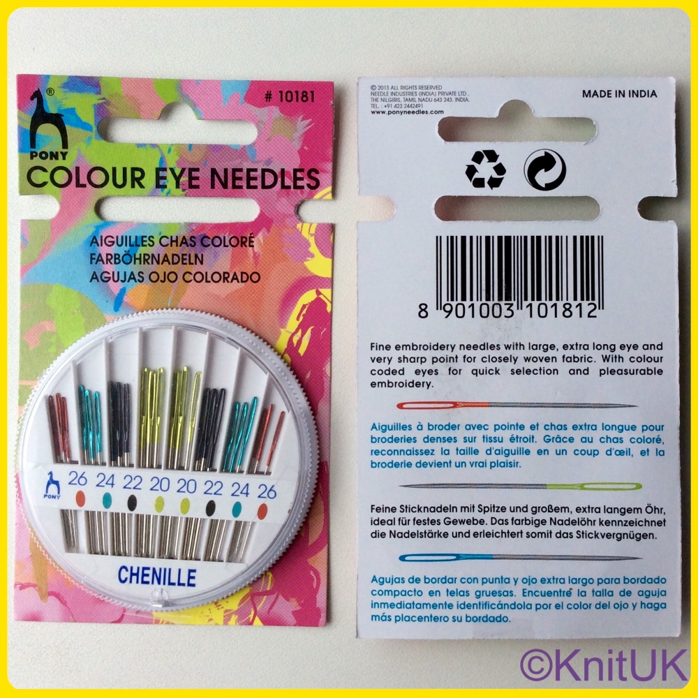 Coloured Eye Hand Sewing Needles Compact - Chenille (Pony). 24 per Pack