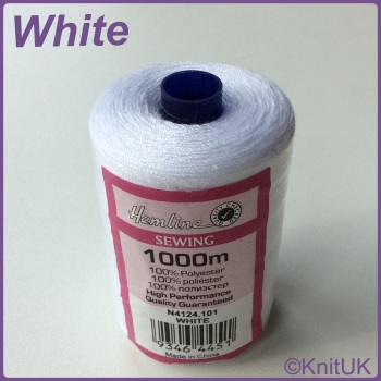 Hemline Sewing Thread 100% Polyester - 1000m. White (WHT)