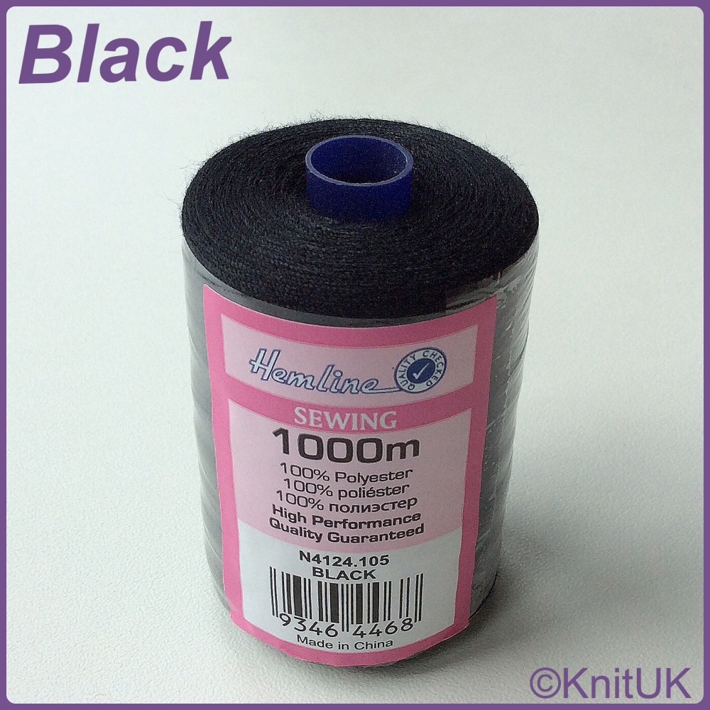 Hemline Sewing Thread 100% Polyester - 1000m. Black (BLK)