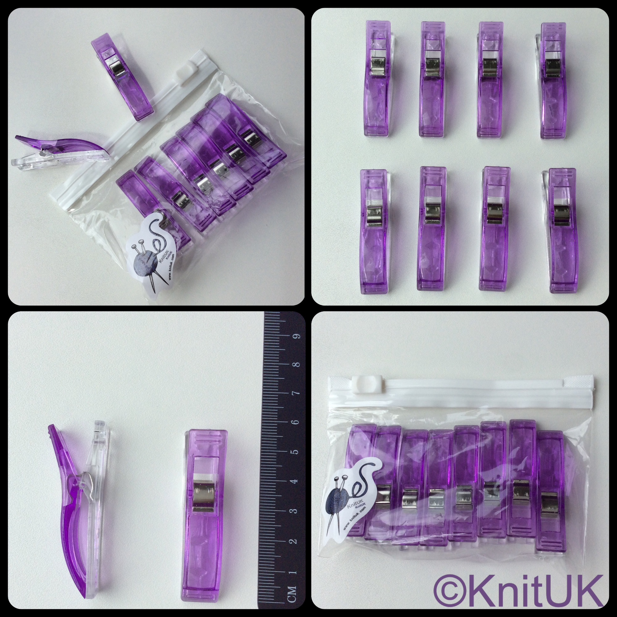 KnitUK sewing quilting purple plastic large clips 4 pics