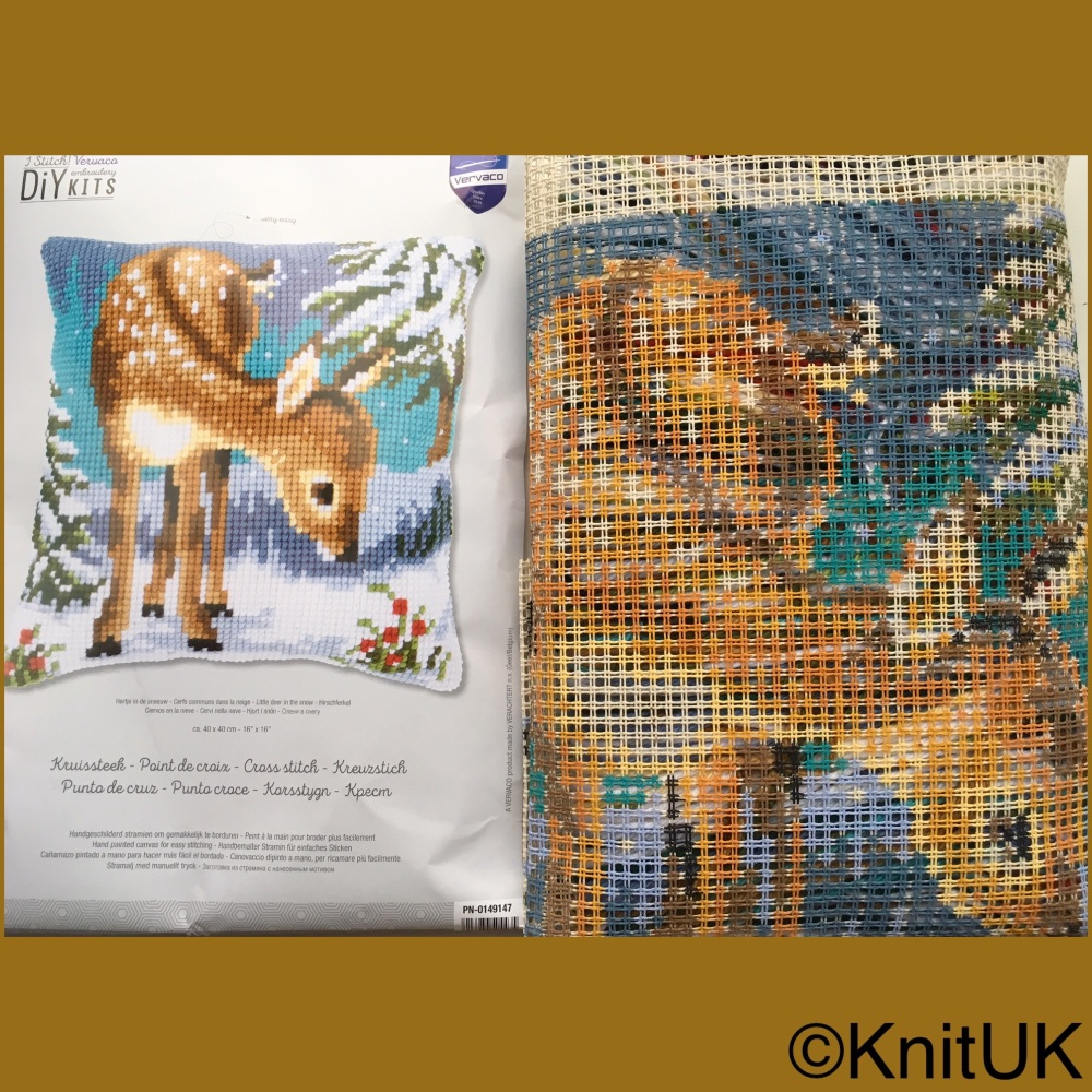 Cross Stitch Cushion: Little deer in the snow (Vervaco). Tapestry