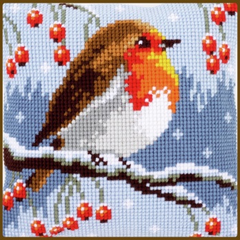Cross Stitch Cushion: Red robin in winter (Vervaco). Tapestry