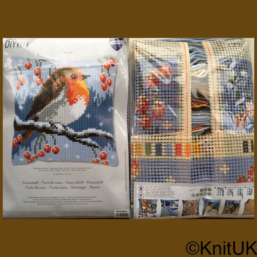Cross Stitch Cushion: Red robin in winter (Vervaco). Tapestry