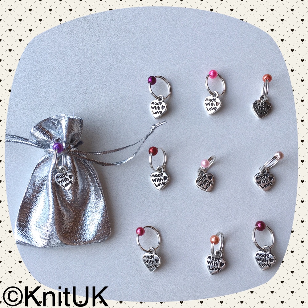 KnitUK Stitch Markers. Ring Stitch Markers Set of 10 Hearts  "Made with Love" - Tibetan Silver