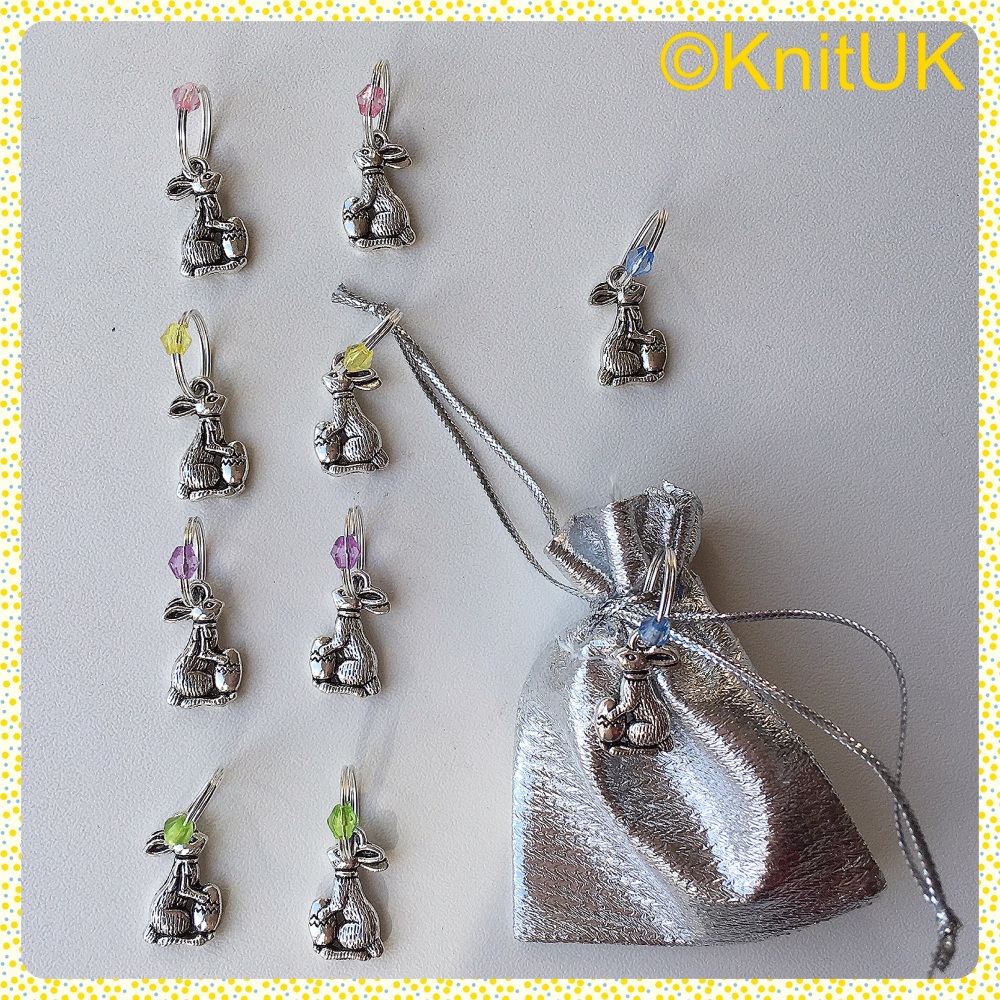 KnitUK Stitch Markers. Ring Stitch Markers Set of 10 "Easter Bunny & Egg" - Tibetan Silver