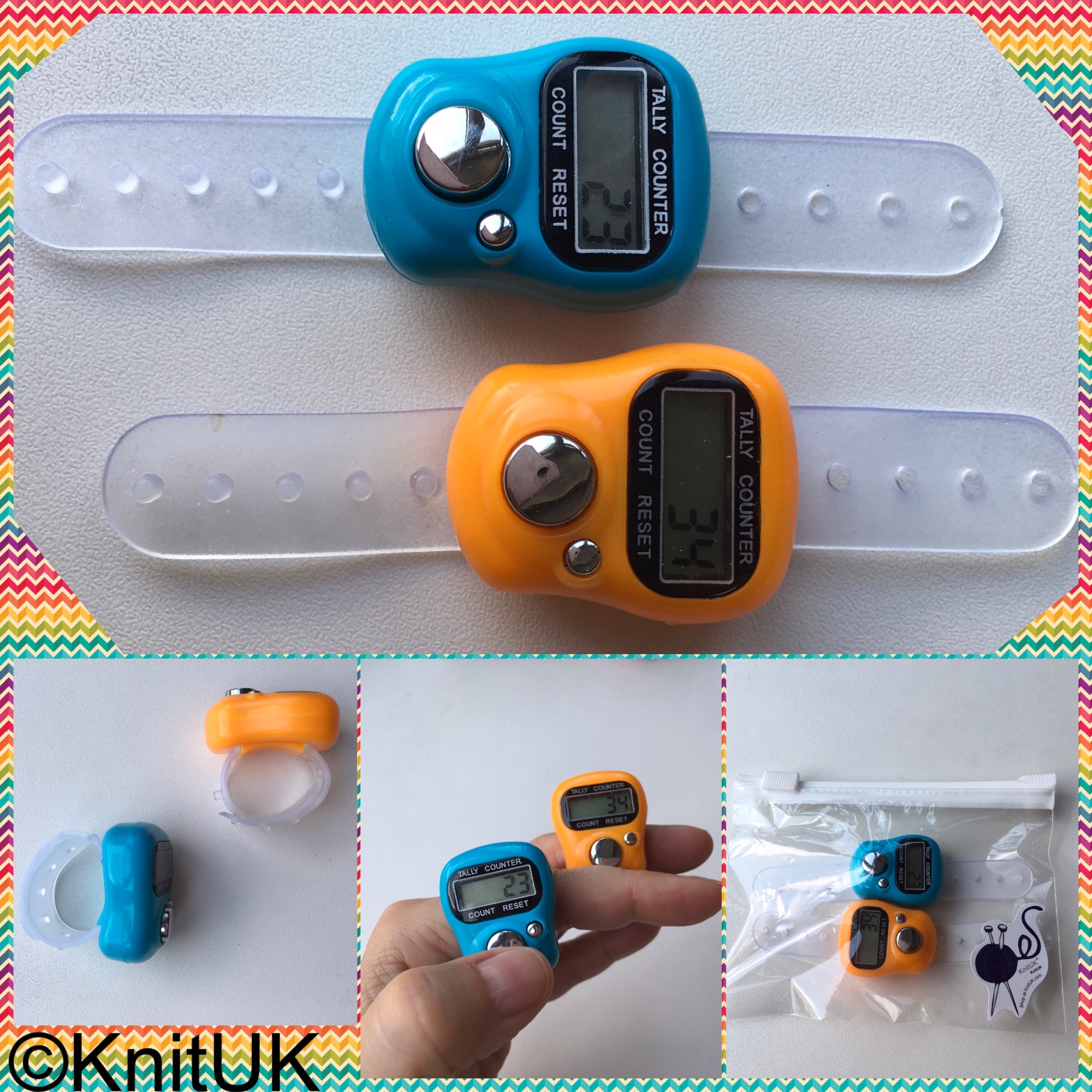 KnitUK tally counter orange turquoise knitting row counters 4 pictures