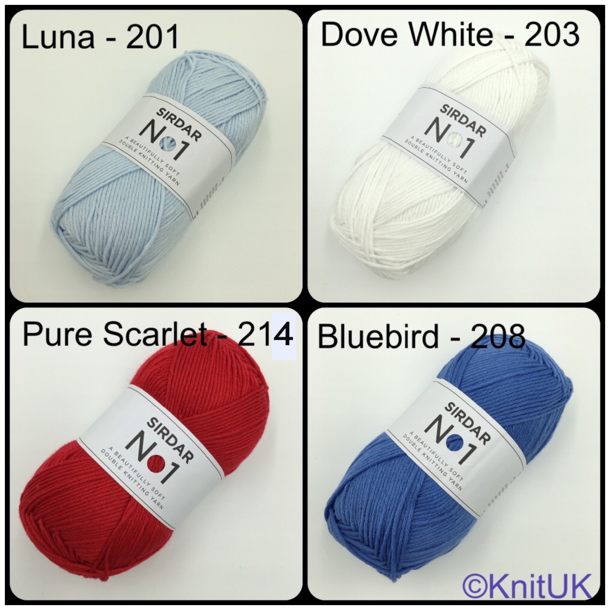 Sirdar no. 1 yarn luna dove white scarlet bluebird colour