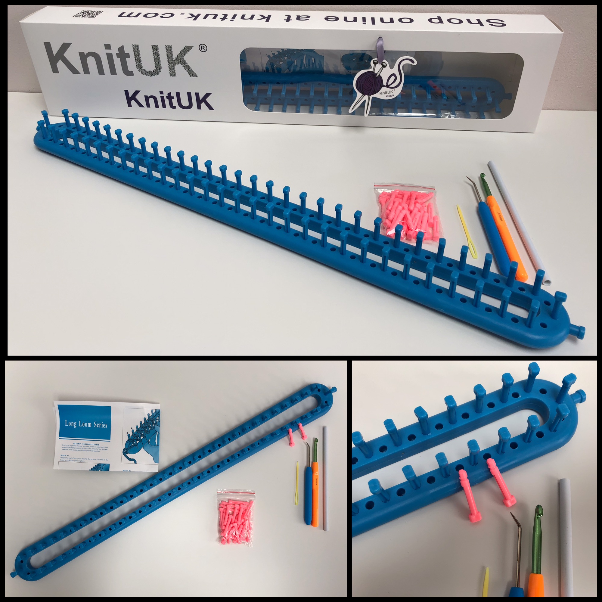 knituk long blue knitting loom with extra pegs in box 3 picture