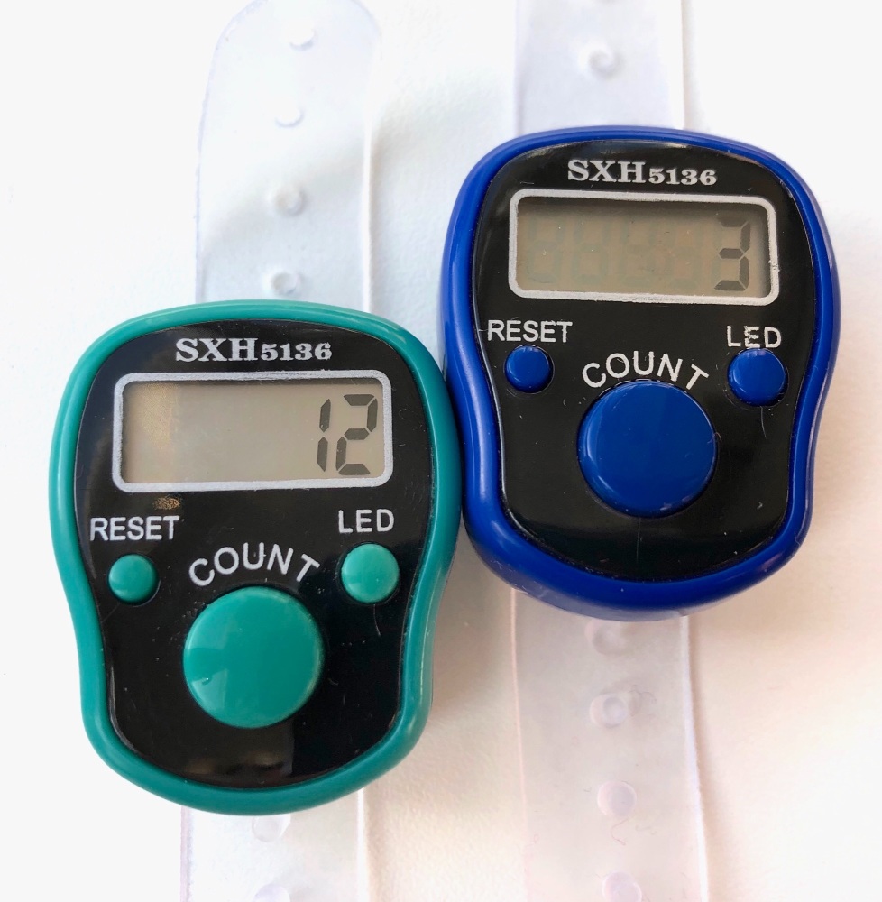 Tally Counter with LED Backlight (Finger-Held). Pack of 2. Teal and Blue Kn