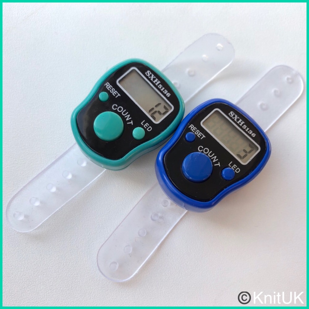 KnitUK Tally Counter. LED Backlight. Pack of 2 Finger-Held Row Counters. Teal and Blue.