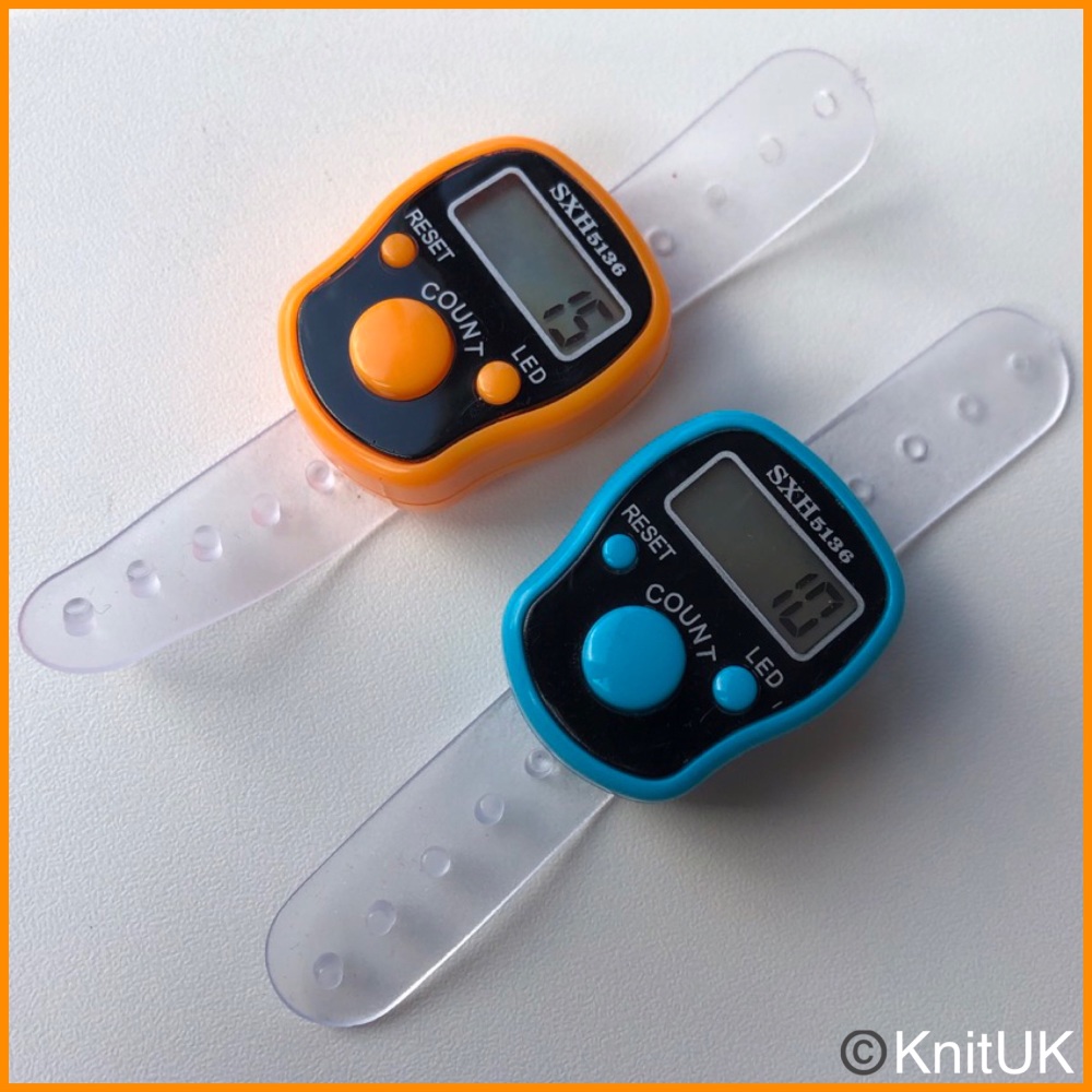 KnitUK Tally Counter. LED Backlight. Pack of 2 Finger-Held Row Counters. Turquoise and Orange.