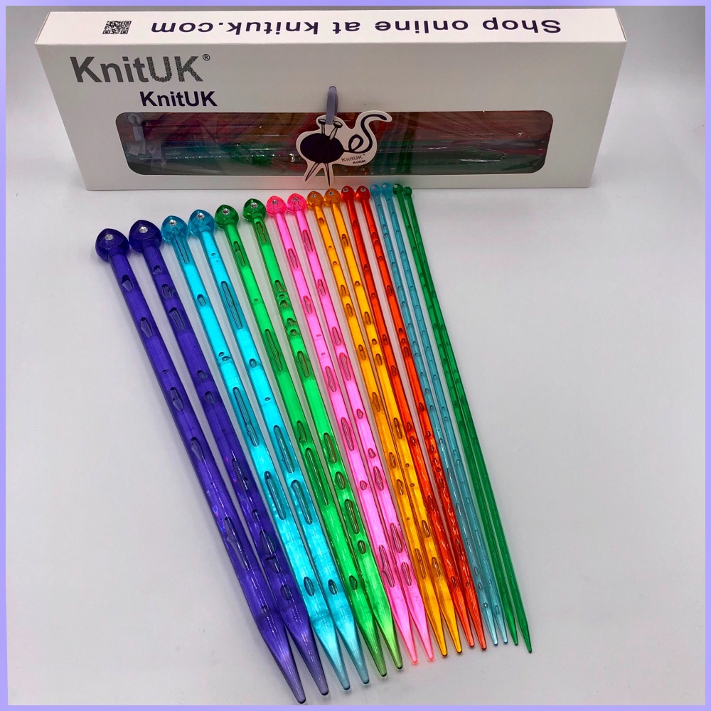 KnitUK 35cm Single Point knitting needles Set of 8 - with crystal-like rhinestone