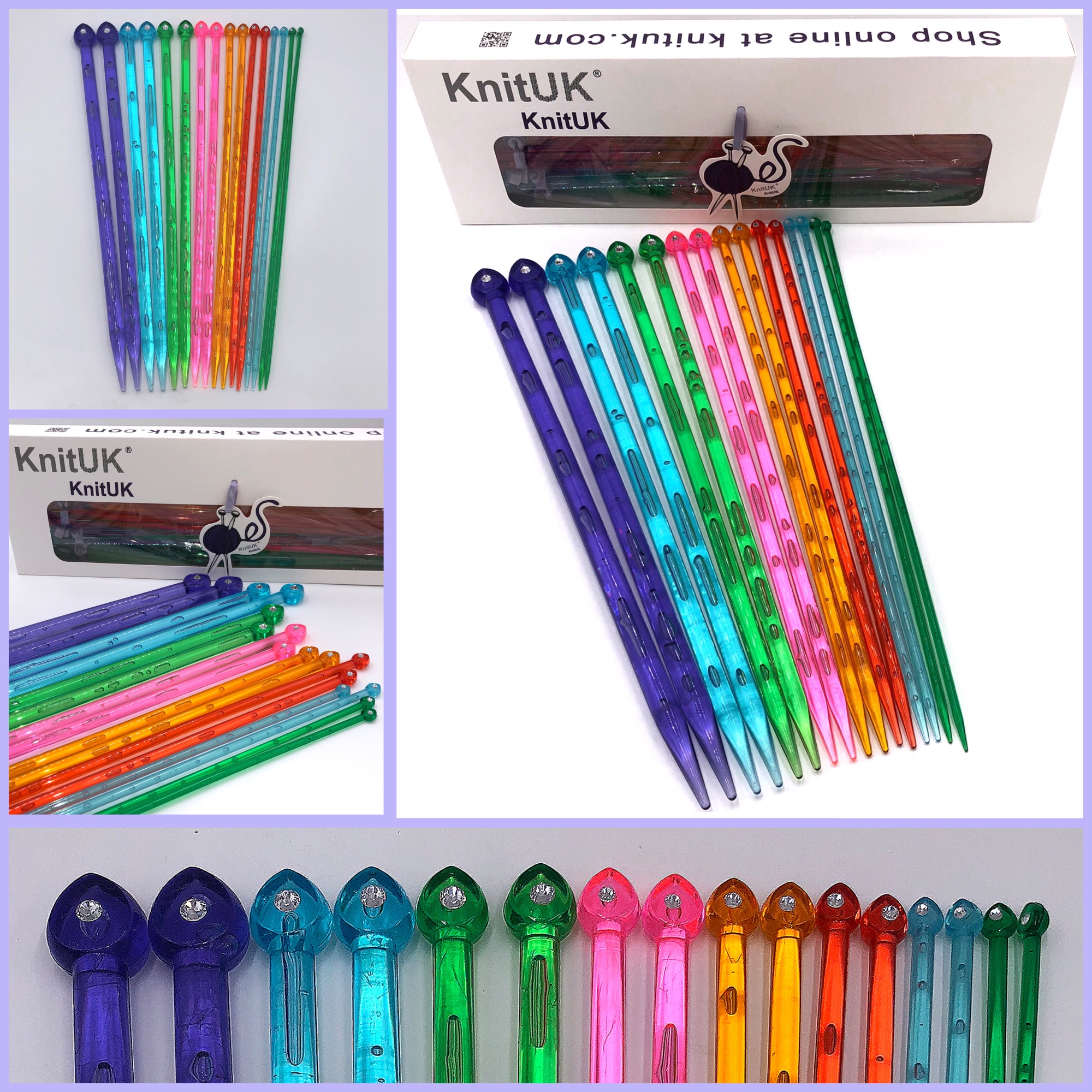 KnitUK Acrylic Knitting Needles Set with crystallike rhinestone. Bespoke 35 cm single point