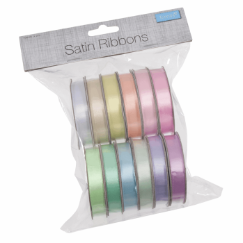 Satin Ribbon Bag of 12 (2m x 10mm). Pastels (Trimits)