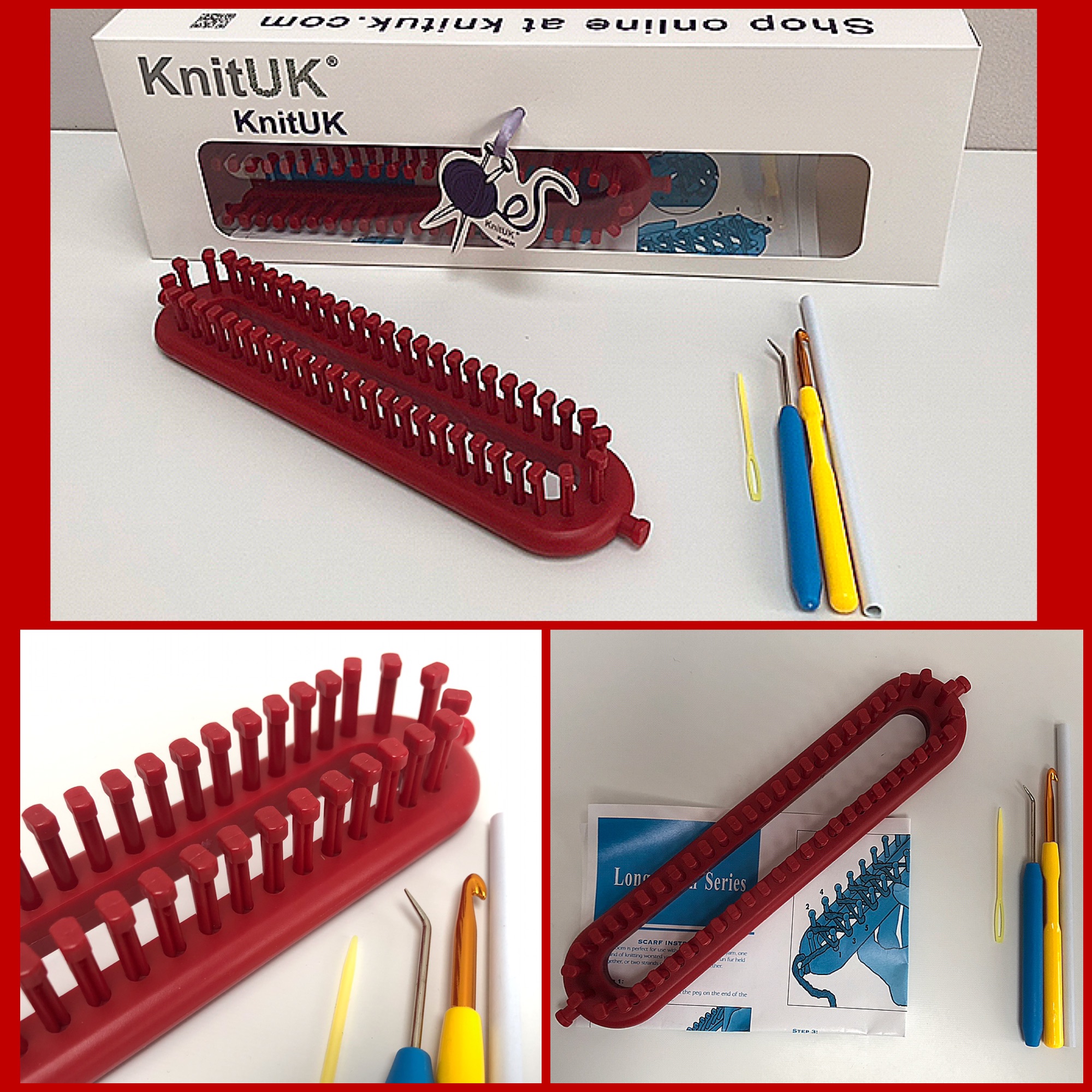 KnitUK long red knitting loom complete