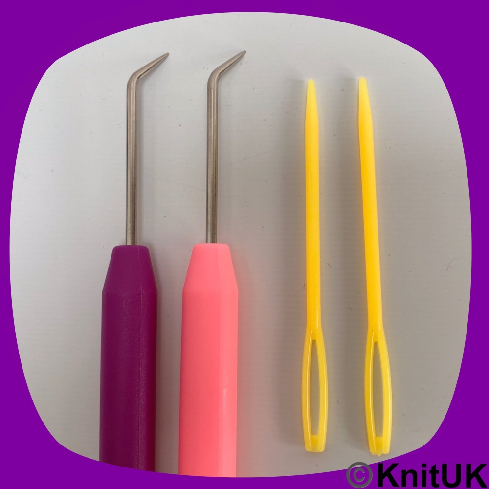 Knitting Loom Hook Set of 2. Loom Picks Pink & Purple and wool needles (KnitUK).