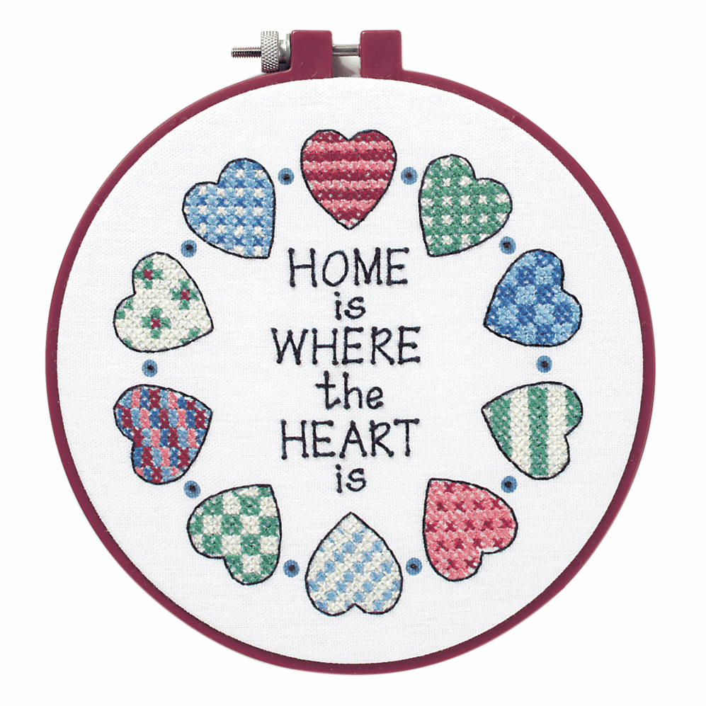 Cross Stitch - Learn-a-Craft. Stamped Cross Stitch Kit with Hoop: “Home and Heart”. (Dimensions)