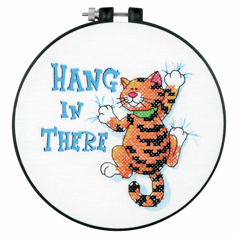 Cross Stitch - Learn-a-Craft. Stamped Cross Stitch Kit and Hoop: “Hang in There”. (Dimensions)