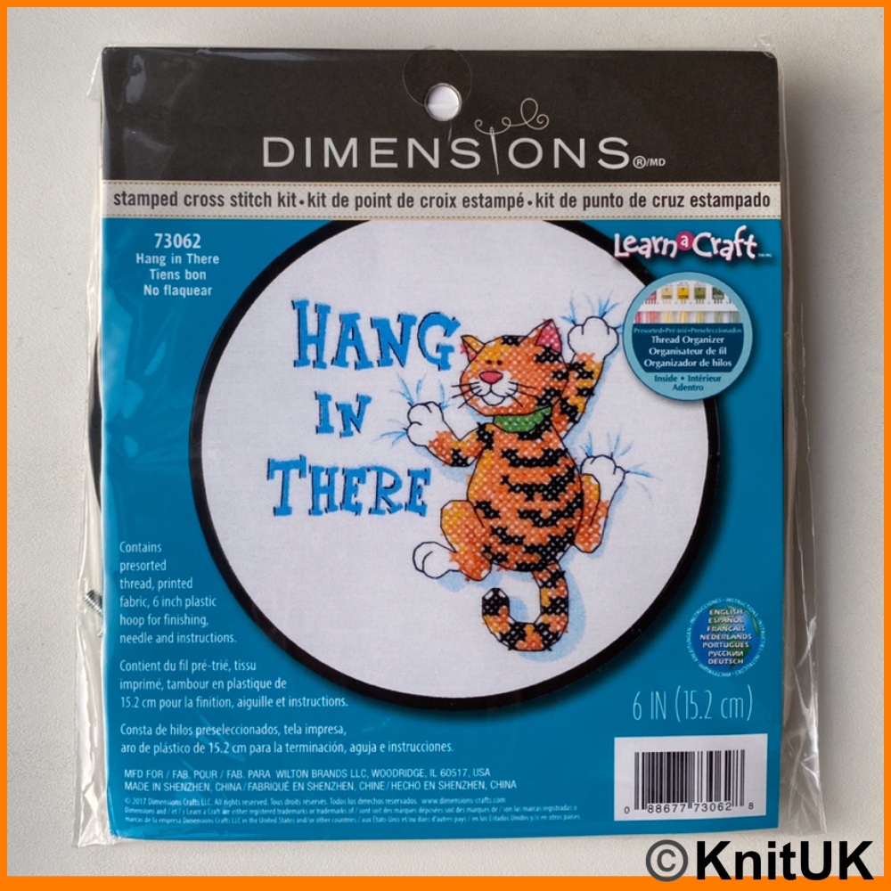 Cross Stitch - Learn-a-Craft. Stamped Cross Stitch Kit and Hoop: “Hang in There”. (Dimensions)