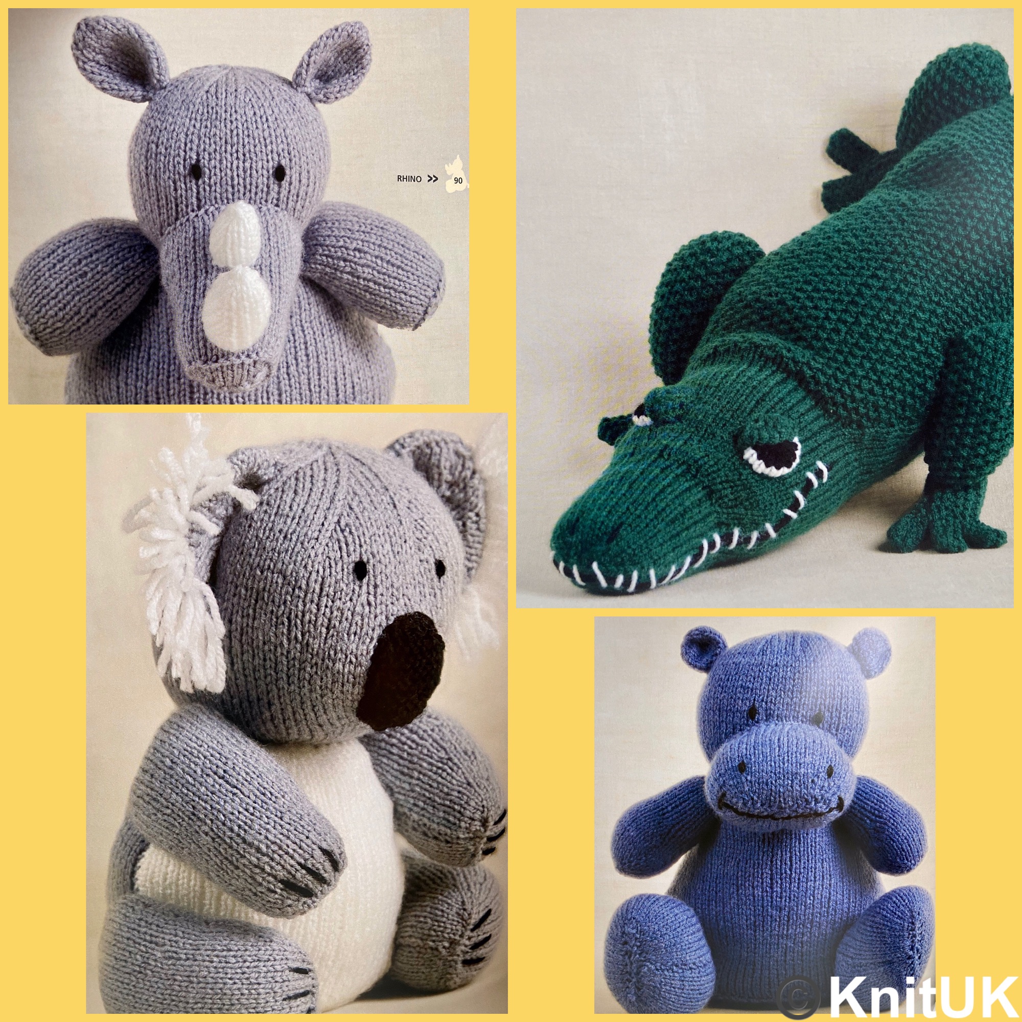 Gmc knitted wild animal rhino alligator koala hippo designs Sarah Keen book
