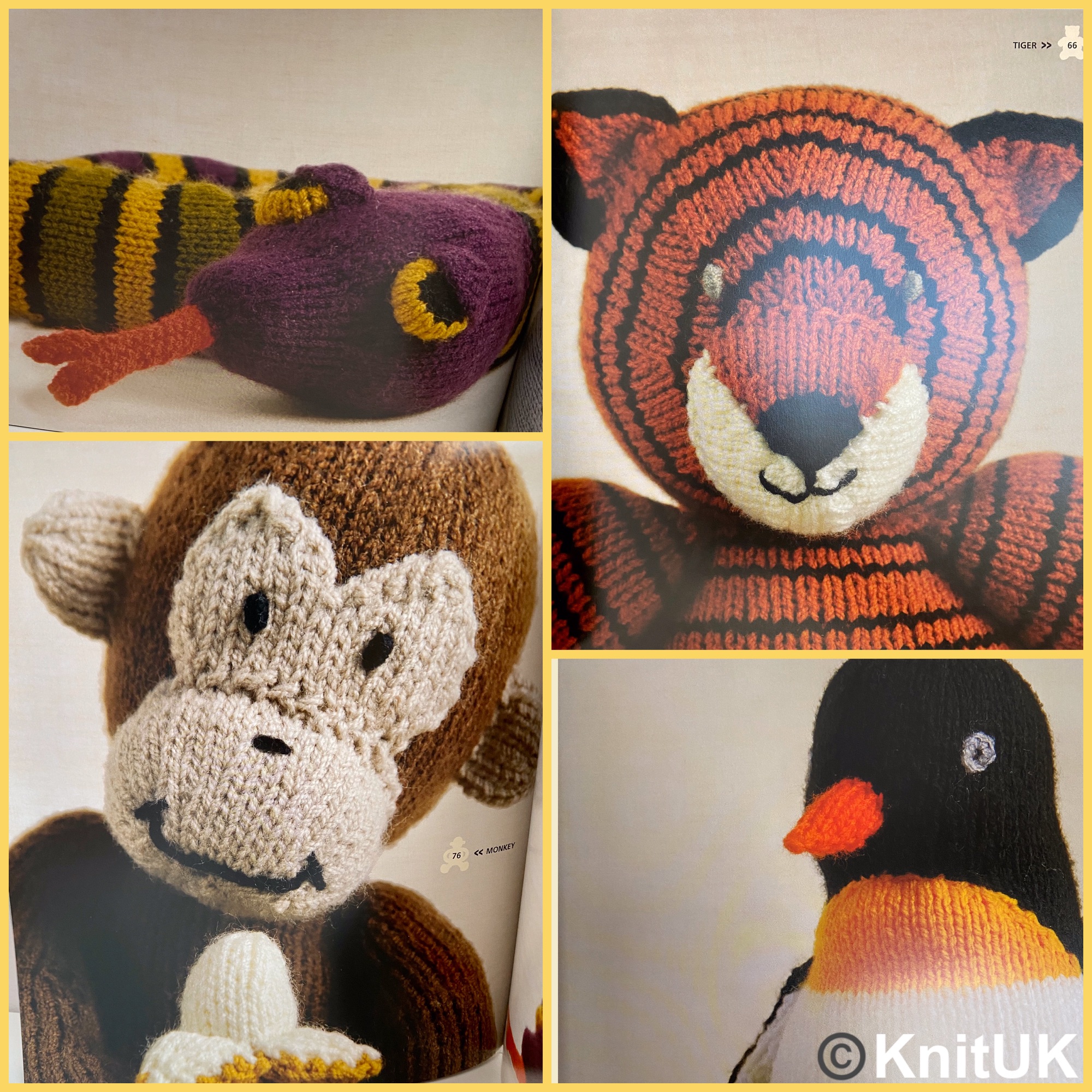 Gmc knitted wild animal monkey tiger snake pinguin designs Sarah Keen book
