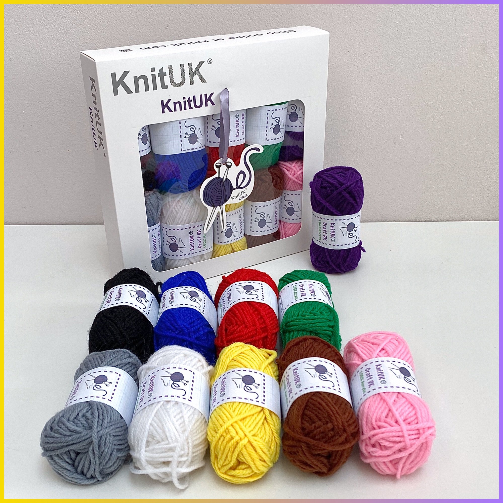 KnitUK Craft DK Yarn box main pic 10 colours purple pink red black blue cho