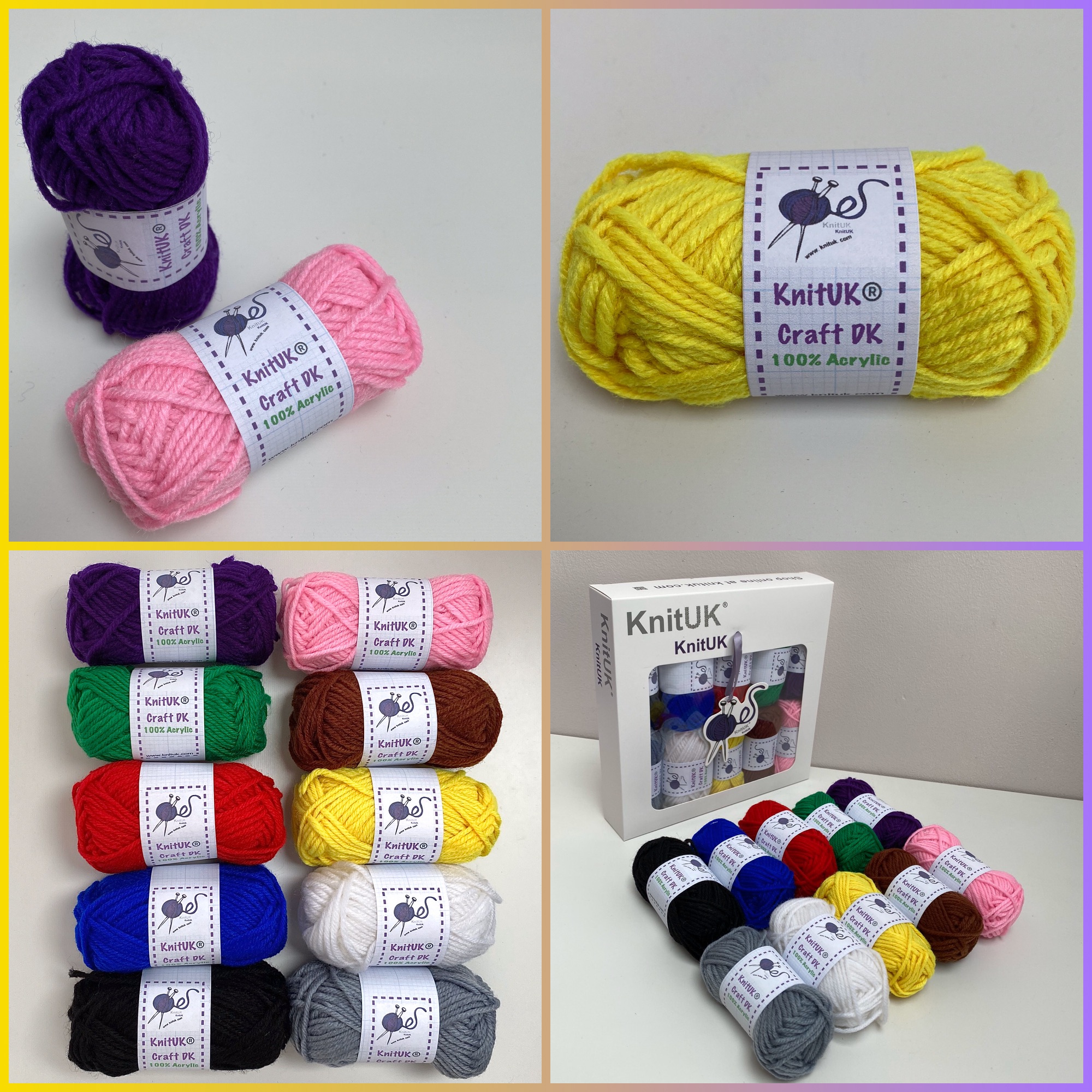 KnitUK Craft DK Yarn box 4 pics 10 colours purple pink red black blue choco