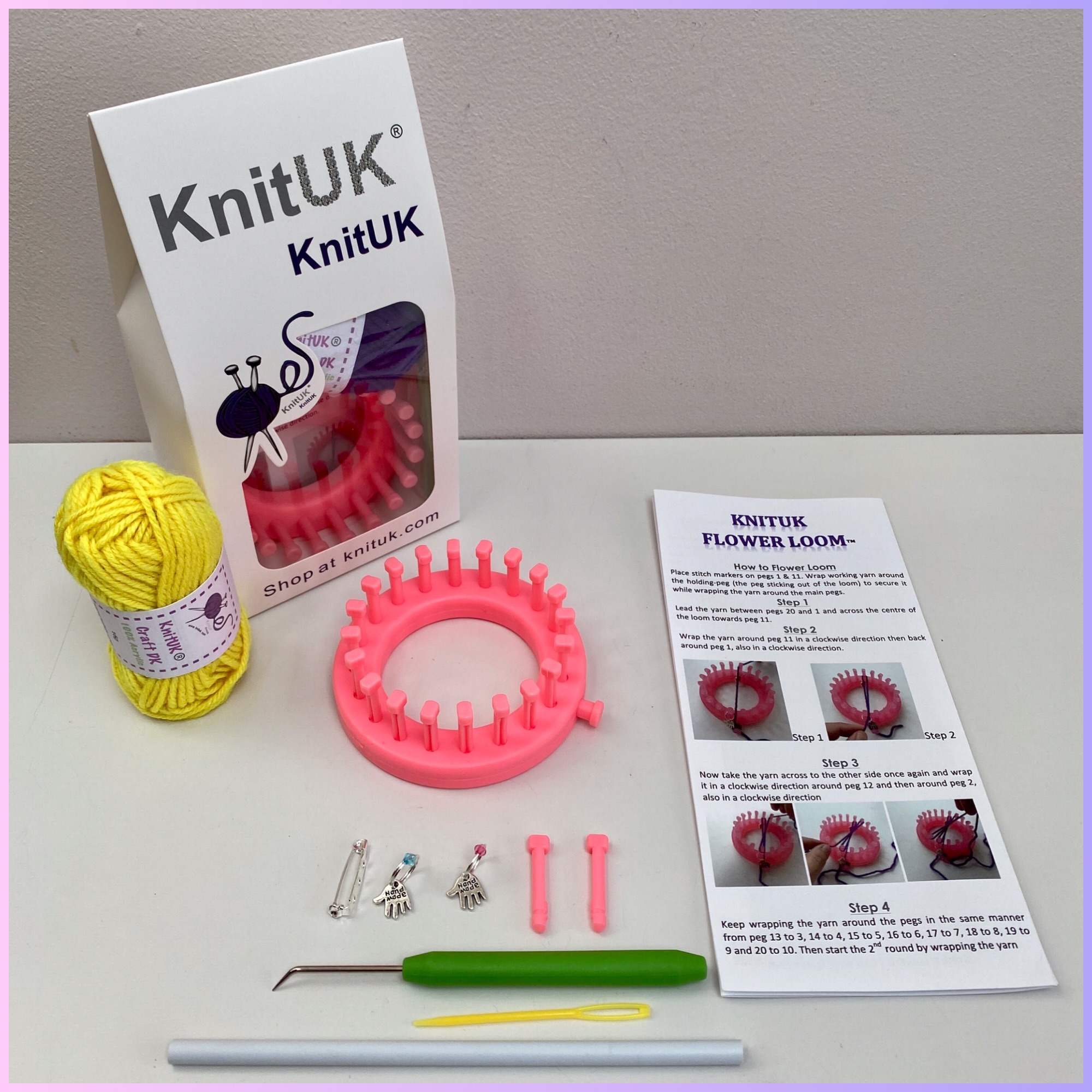 KnitUK 20 pegs flower knitting loom free yarn in box contents how to loom k