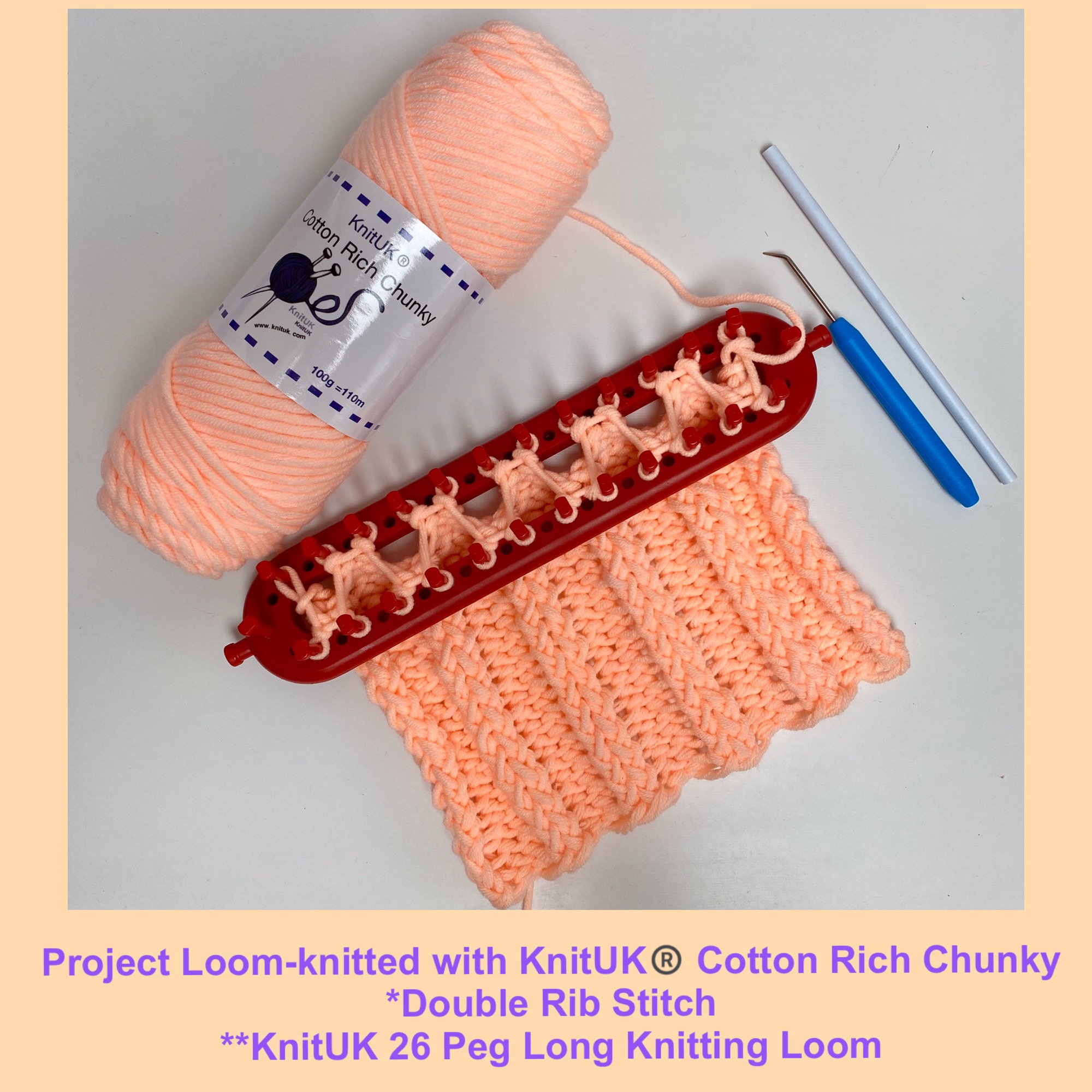 KnitUK cotton rich chunky yarn knitting loom scarf double rib