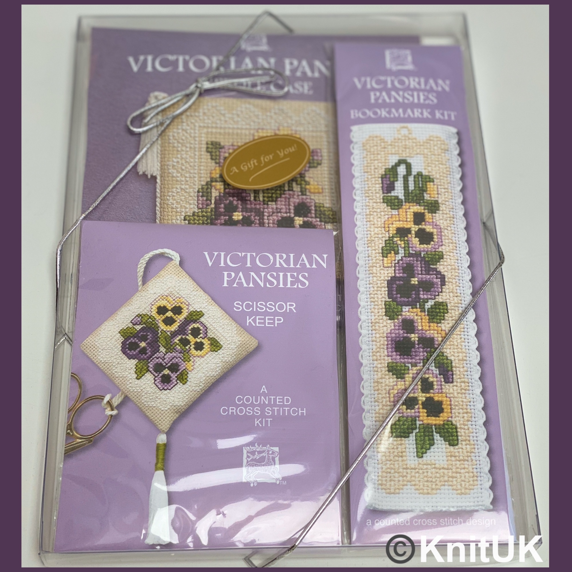 Textile Heritage Cross stitch gift pack victorian pansies in box
