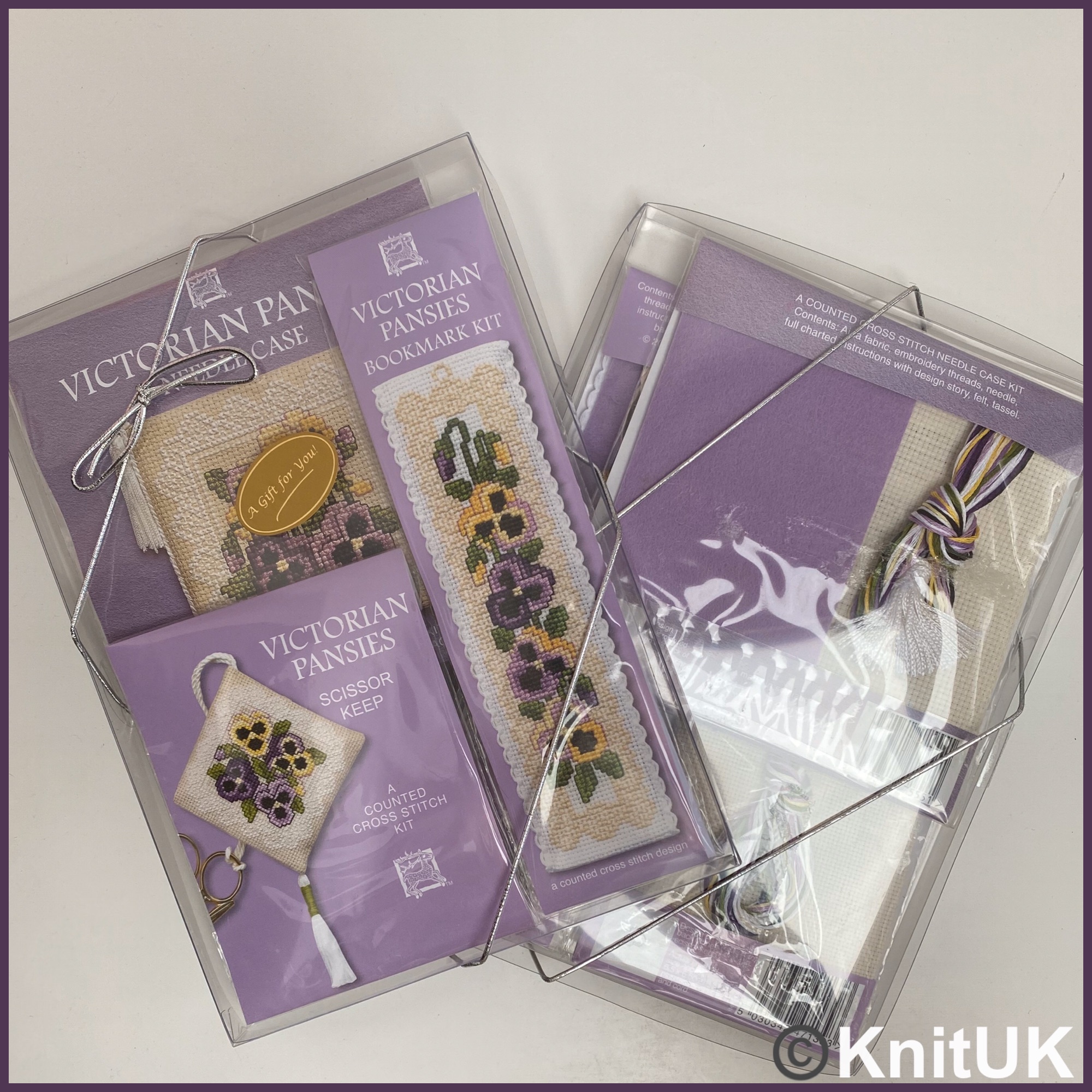 Textile Heritage Cross stitch gift pack victorian pansies front back