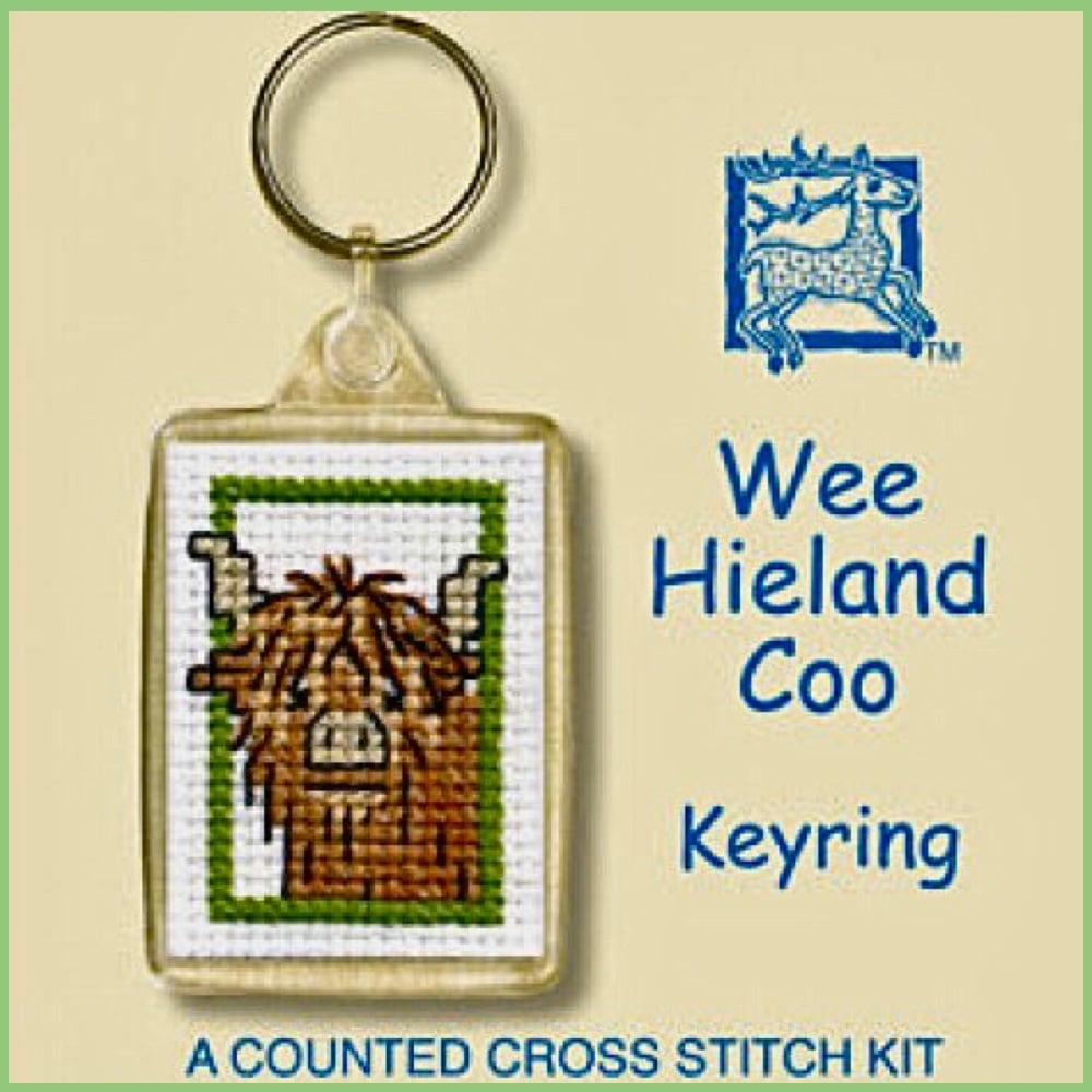 KEYRING Wee Hieland Coo. Cross Stitch Kit by Textile Heritage (Made in UK)