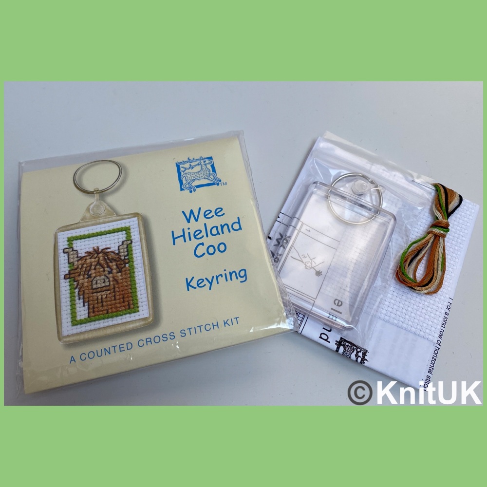 KEYRING Wee Hieland Coo. Cross Stitch Kit by Textile Heritage (Made in UK)