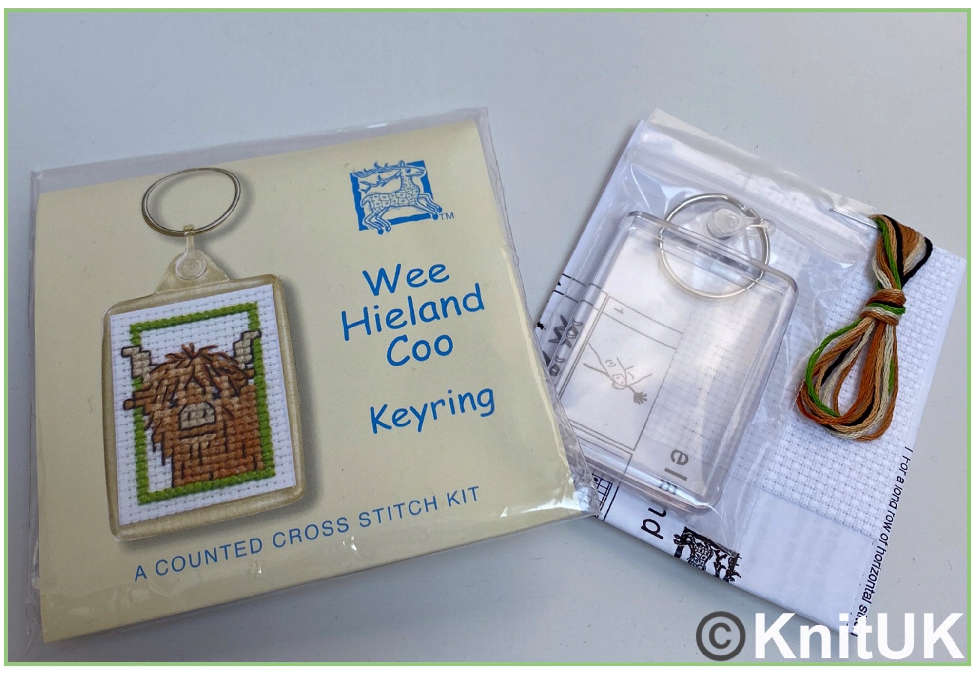 Textile heritage keyring cross stitch kit wee hieland coo