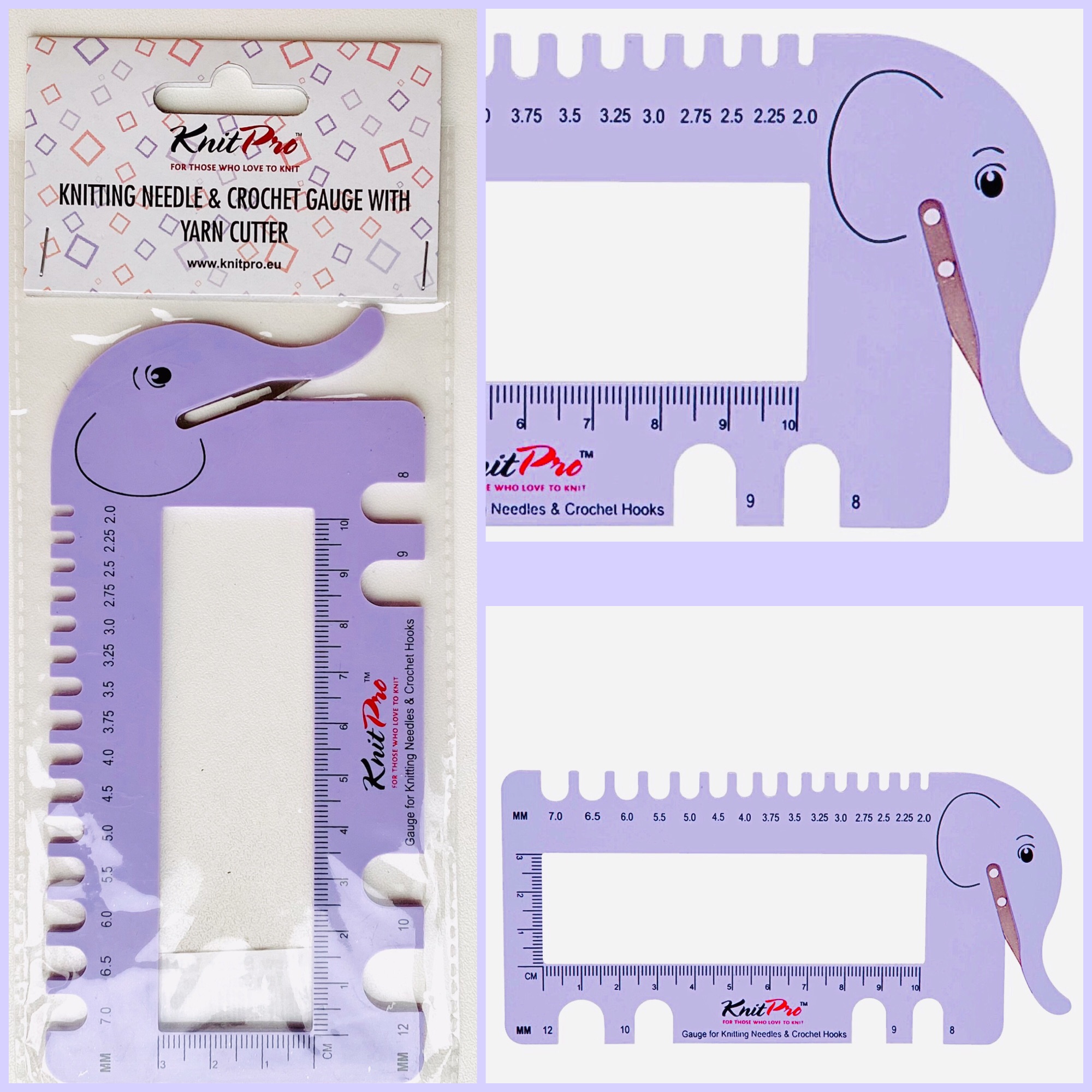KnitPro Gauge for knitting & crochet with ruler and yarn cutter in a  Elephant Shape