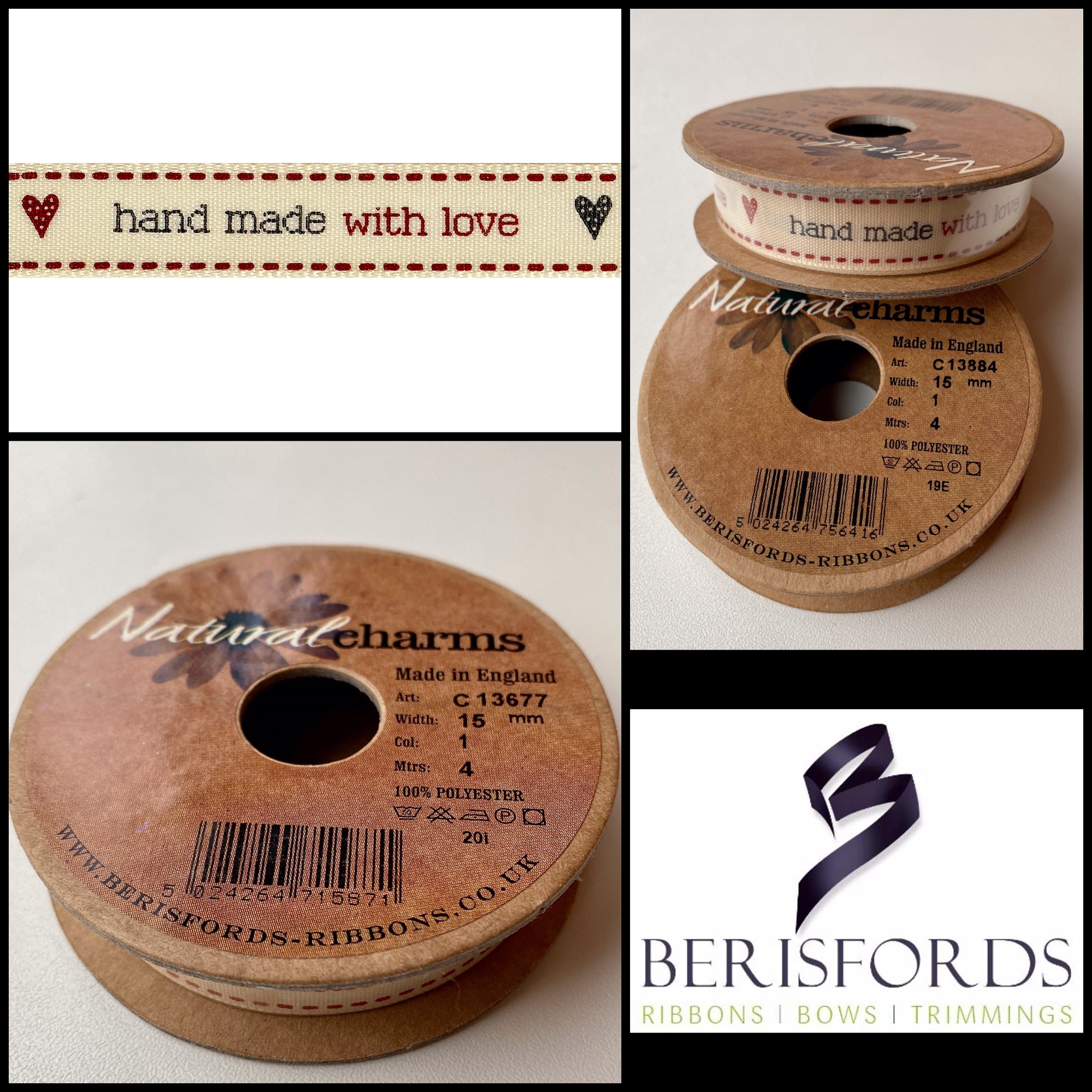 Berisfords ALL MY LOVE heart Valentine Ribbon 15mm - 3 colours & various  lengths