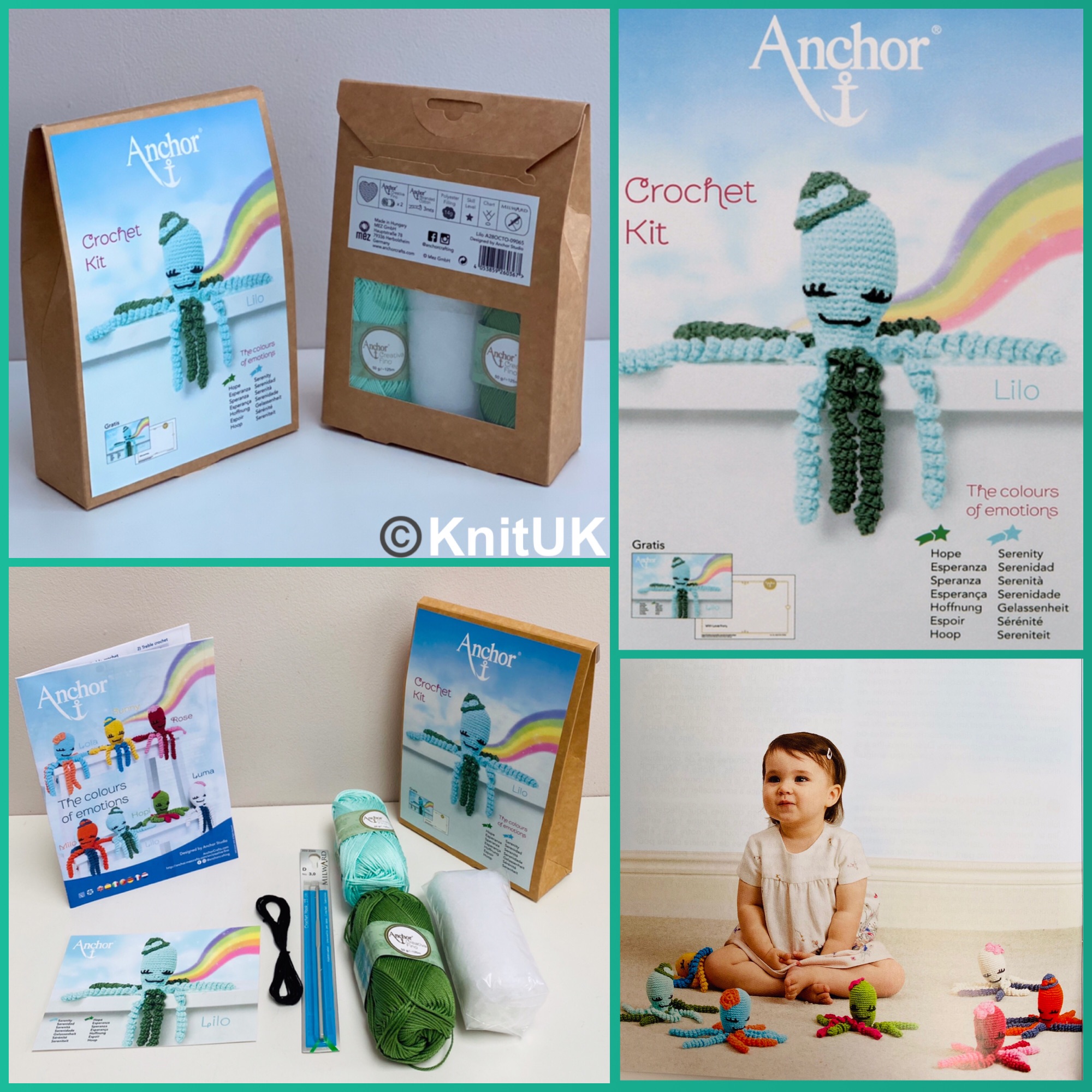 Anchor crochet kit octopus Lilo the colours of emotions with mint green cot
