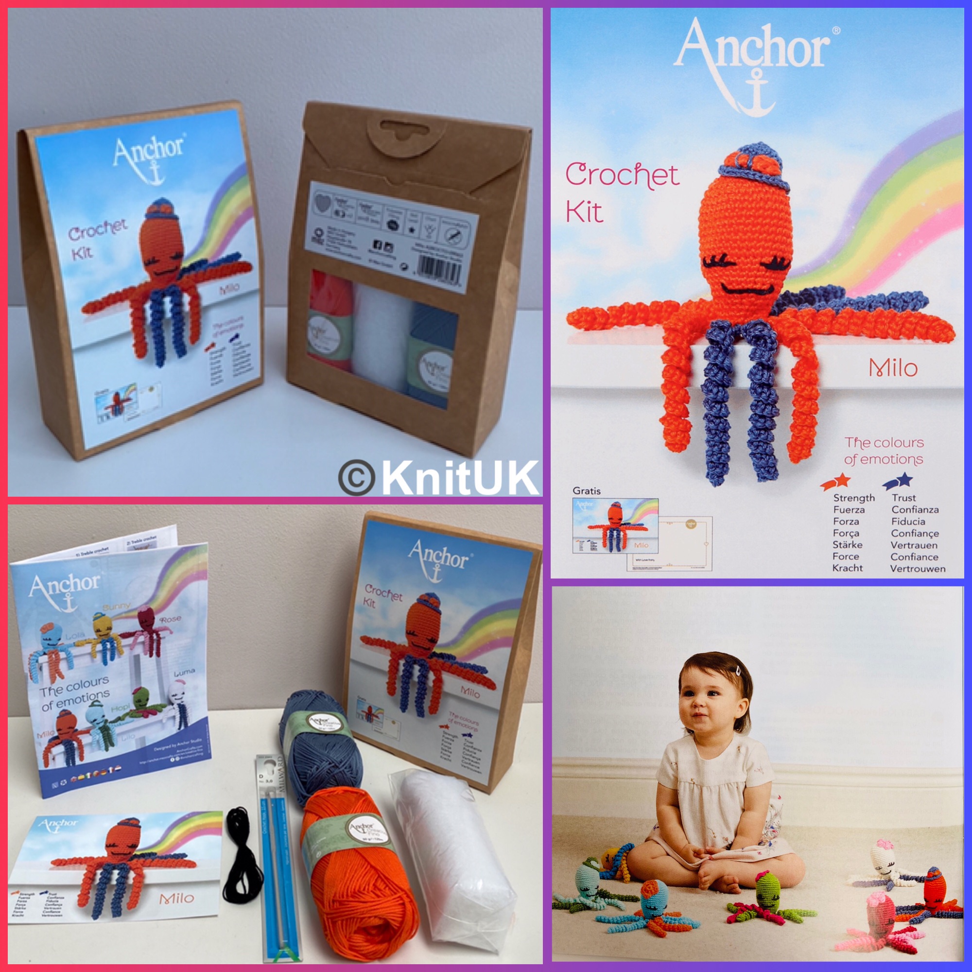 Anchor crochet kit octopus Milo the colours of emotions with orange dark bl