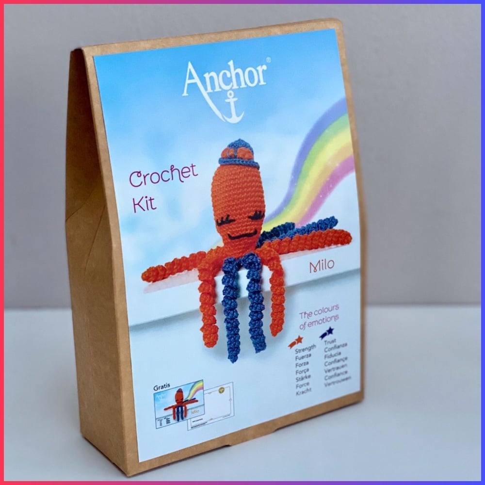 The Colours of emotions. Octopus Baby Collection. Crochet Kit Octopus. Milo: bright Orange / dark Blue. Anchor.