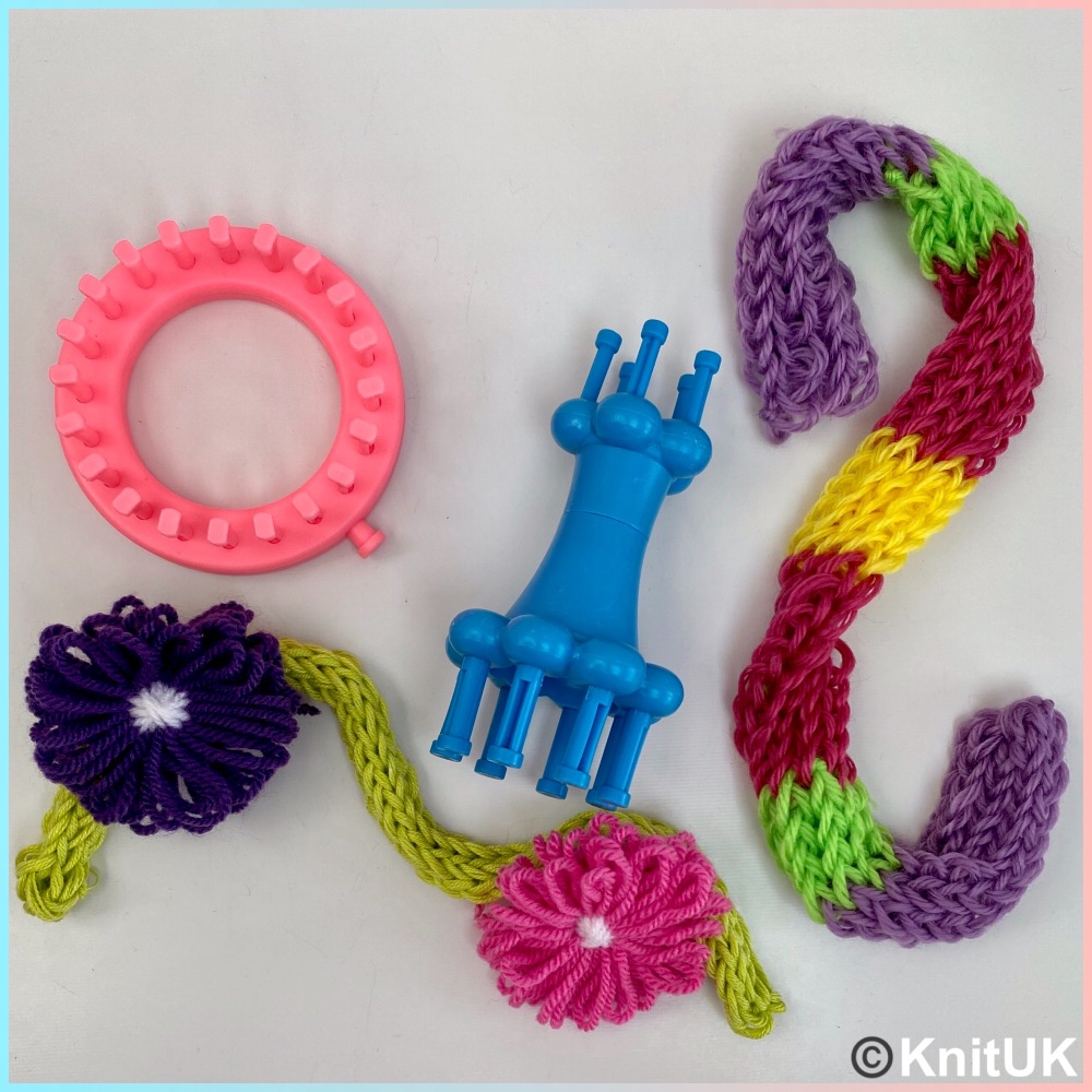 KnitUK Embellishment Set of 2 knitting looms: Pink Flower Loom + Blue Double-End Spool Loom