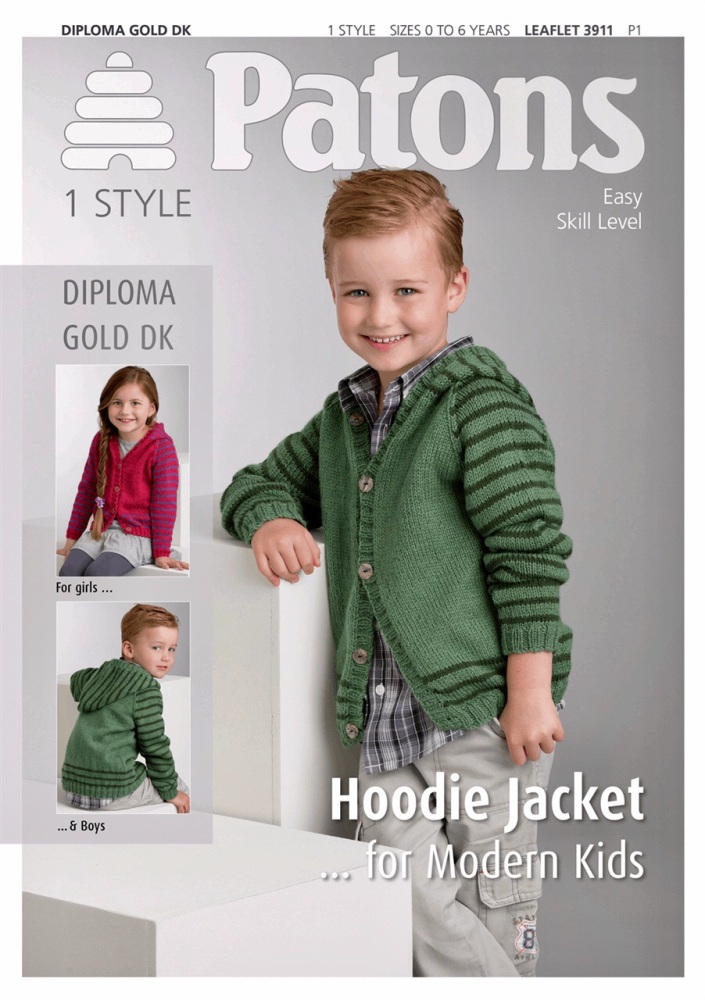 Patons Hoodie Jacket…for Modern Kids. Uses Diploma Gold DK. Leaflet 3911.